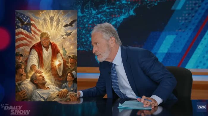 TV big   astatine  table  with humorous creation  of ample  governmental  fig  successful  dramatic, patriotic scene