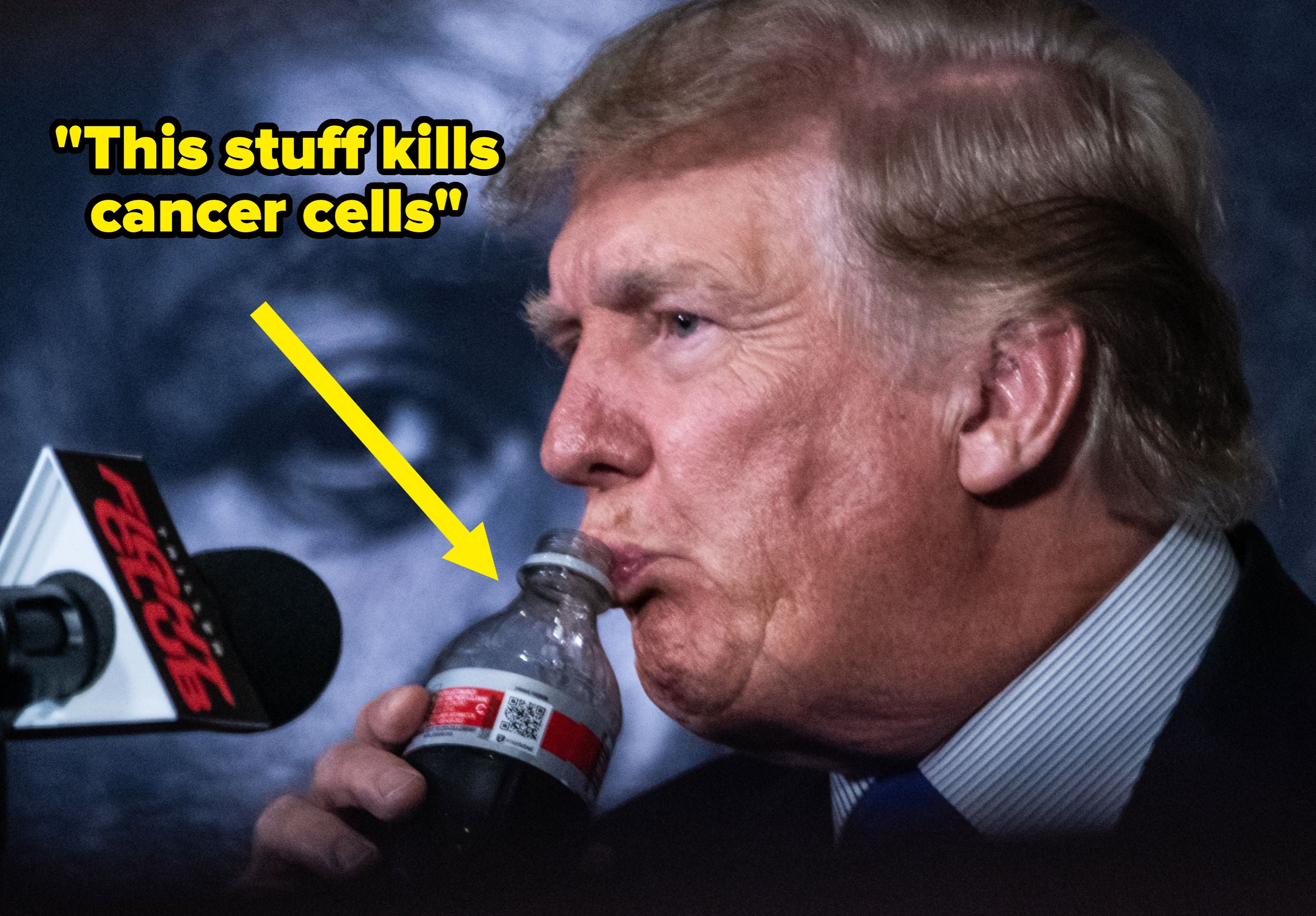 A idiosyncratic   astatine  a property   lawsuit   drinks from a soda vessel  down  a microphone