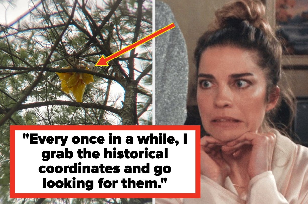 Tree branch with a yellow toy, arrow pointing to it. Woman looking intrigued, text: "Every once in a while, I grab the historical coordinates and go looking for them."
