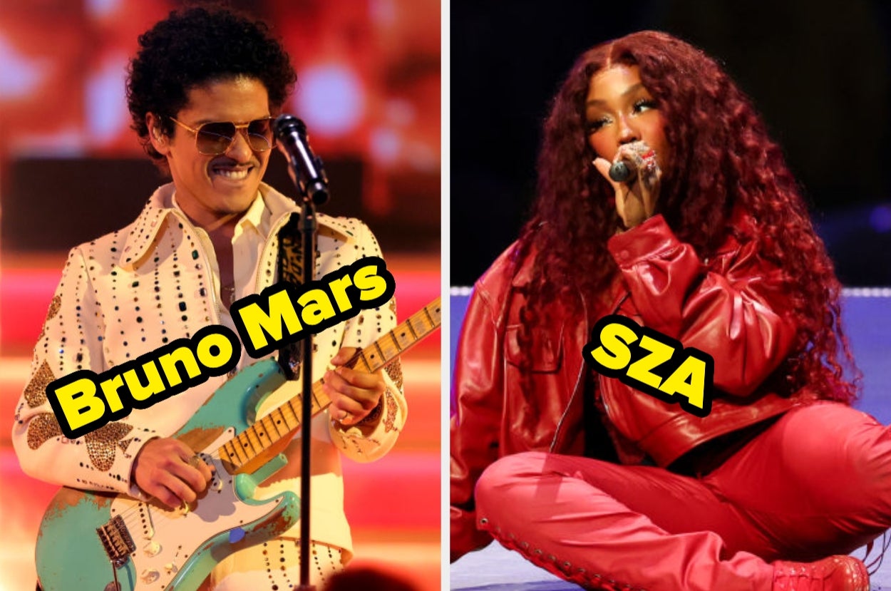 Musician and singer performing on stage in stylish outfits, one with a guitar and the other holding a microphone