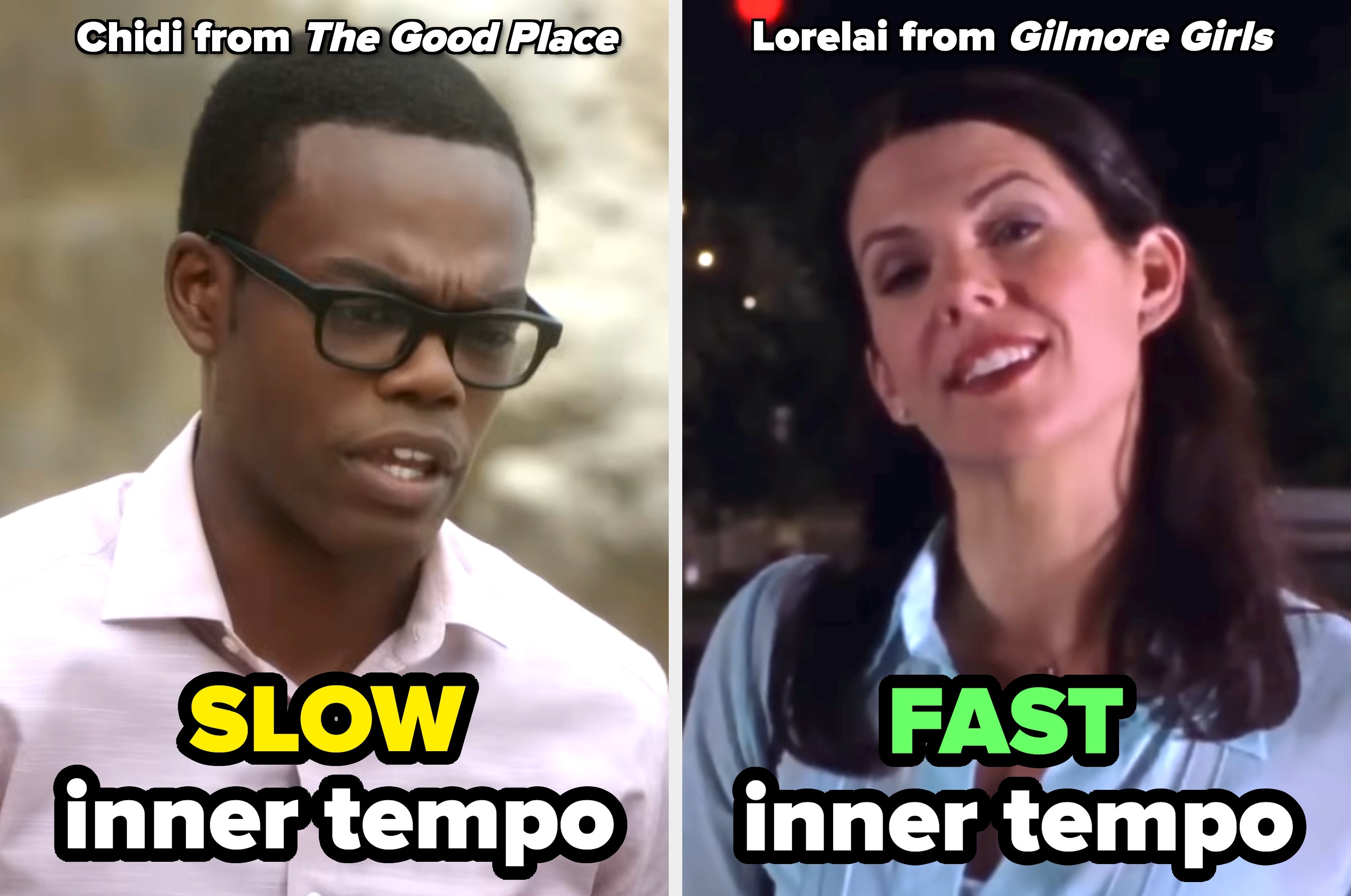 Left: Person running quickly. Right: Sloth hanging on a tree. "Fast tempo" text on left, "Slow tempo" text on right