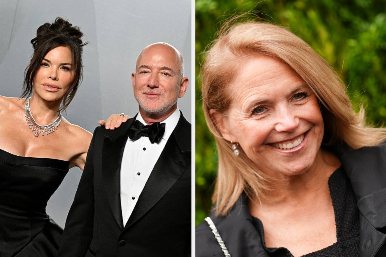 Two individuals in formal black attire on the left; a smiling person outdoors on the right