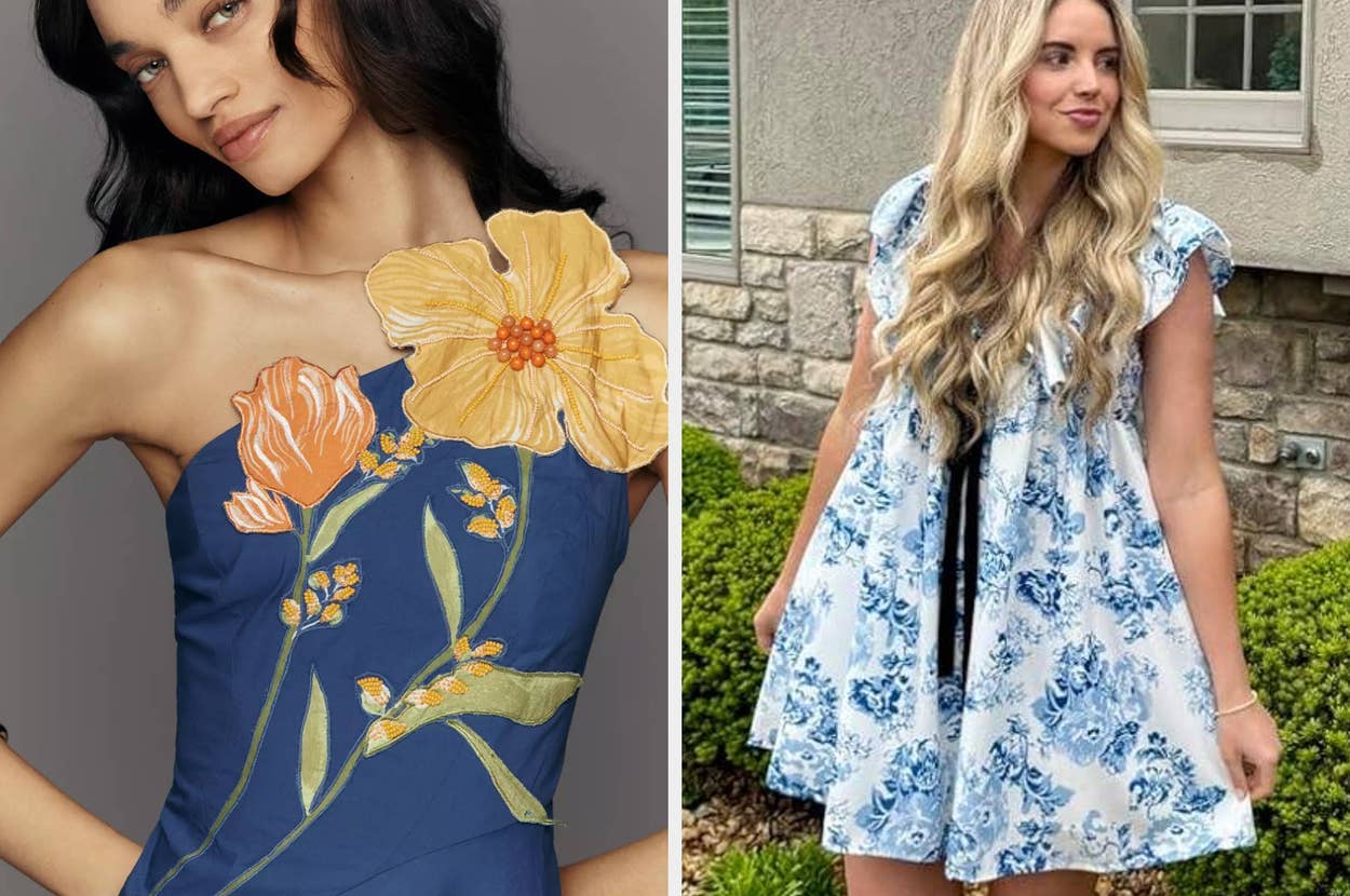 Two models wear floral-themed dresses: one in an off-shoulder blue dress with floral appliquĆ©s, the other in a sleeveless, yellow sundress