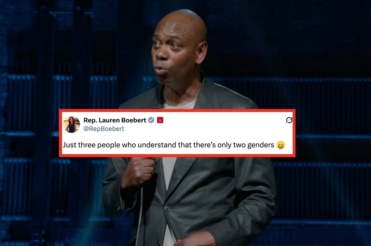 A man in a suit appears on stage next to a highlighted tweet discussing gender, suggesting controversy or humor