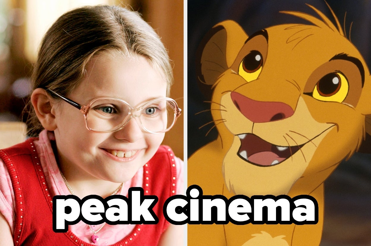 Olive from Little Miss Sunshine smiles with big, round glasses alongside a young Simba from The Lion King