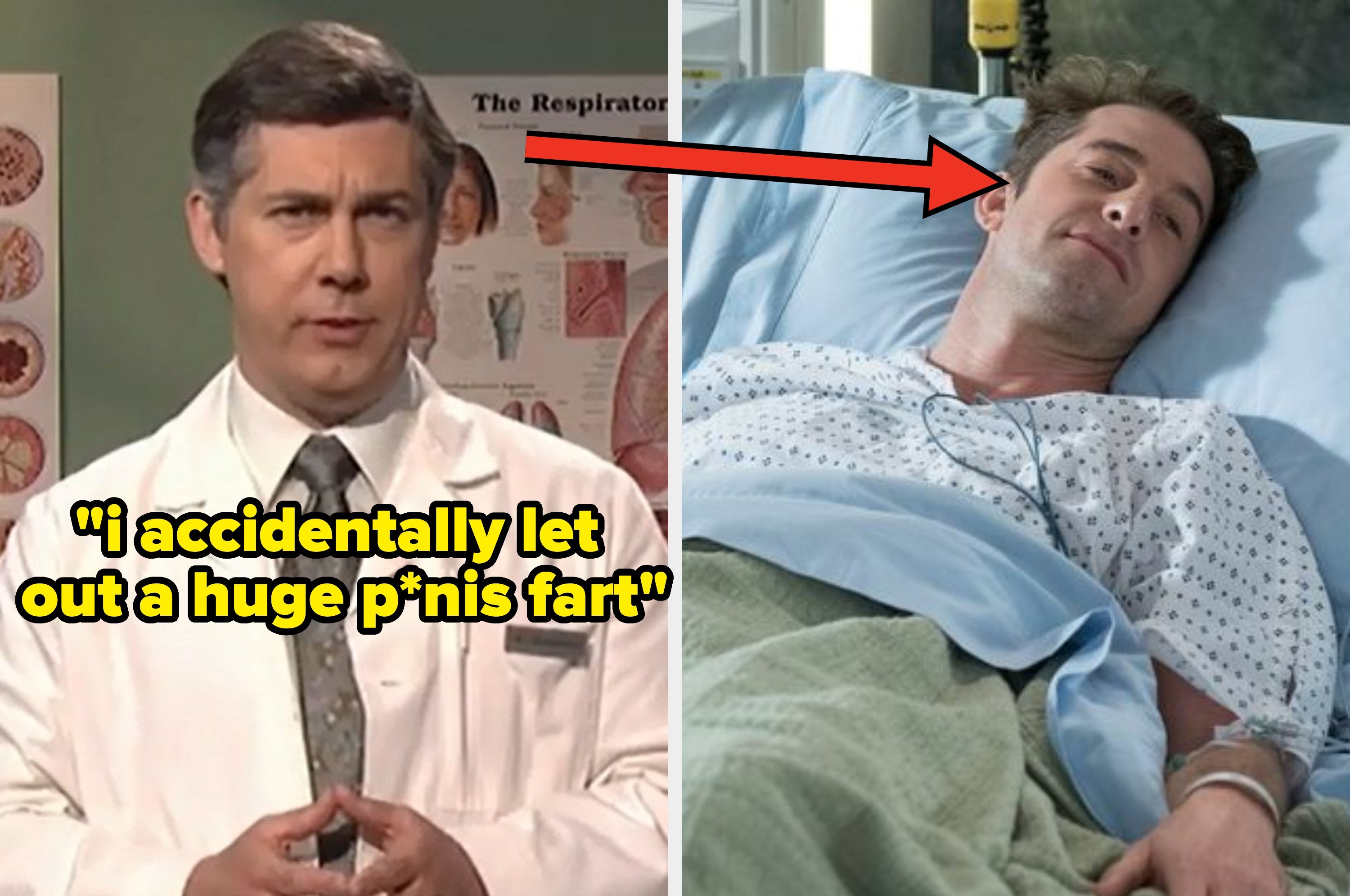 A doctor stands in front of medical diagrams. A patient lies in a hospital bed with a humorous caption about a mishap