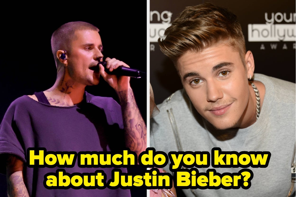 Split image of a male singer performing on stage and a portrait of him at an event. Caption reads, "How much do you know about Justin Bieber?"