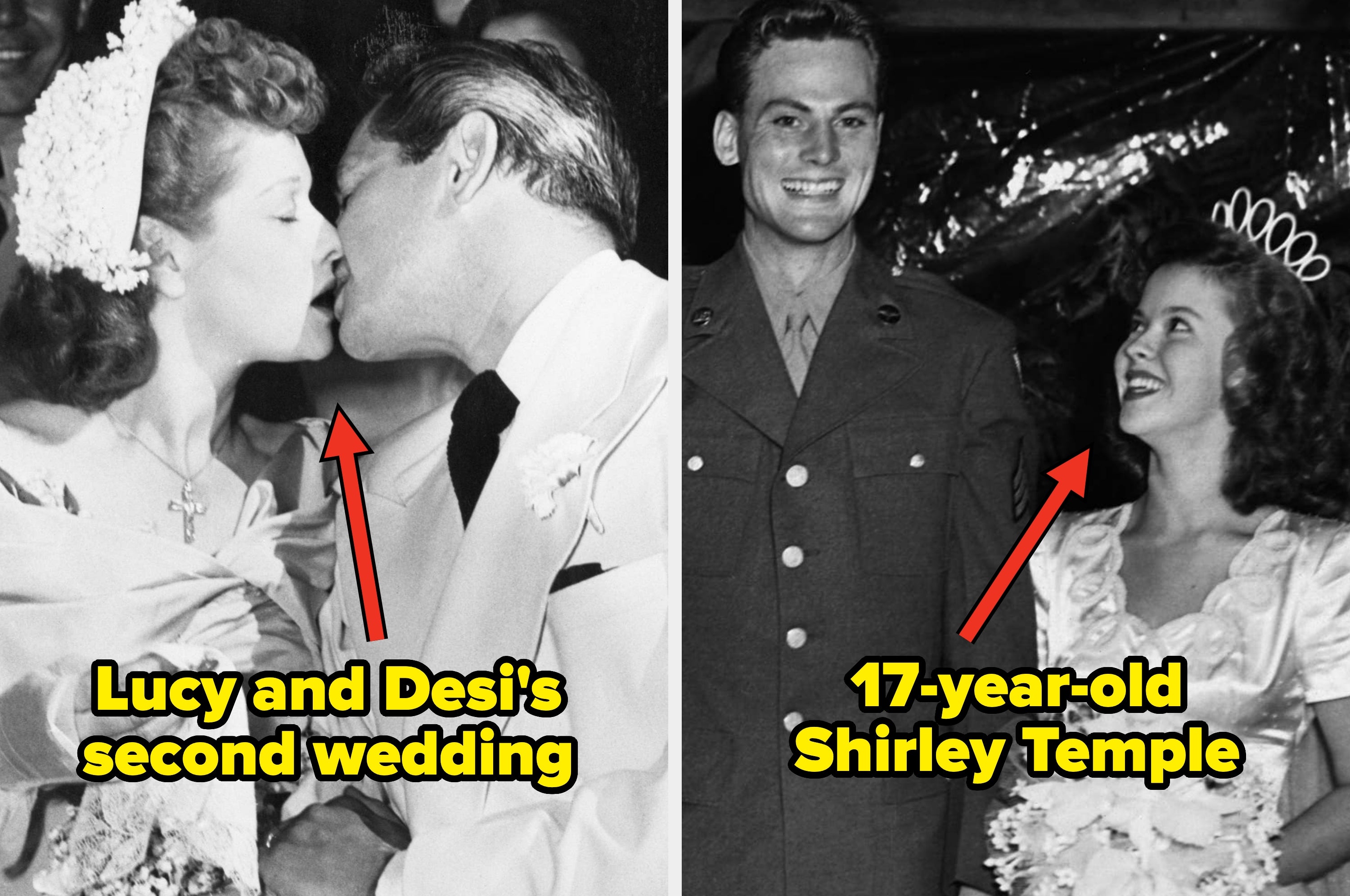 Split black-and-white images: Left, a couple kissing at their wedding; right, a young woman smiling at a man in military uniform