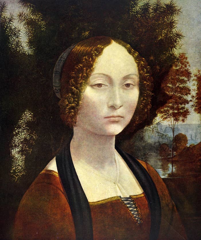 A classical  representation    of a pistillate   with curly hair, wearing a Renaissance-style dress, surrounded by a earthy  scenery  background