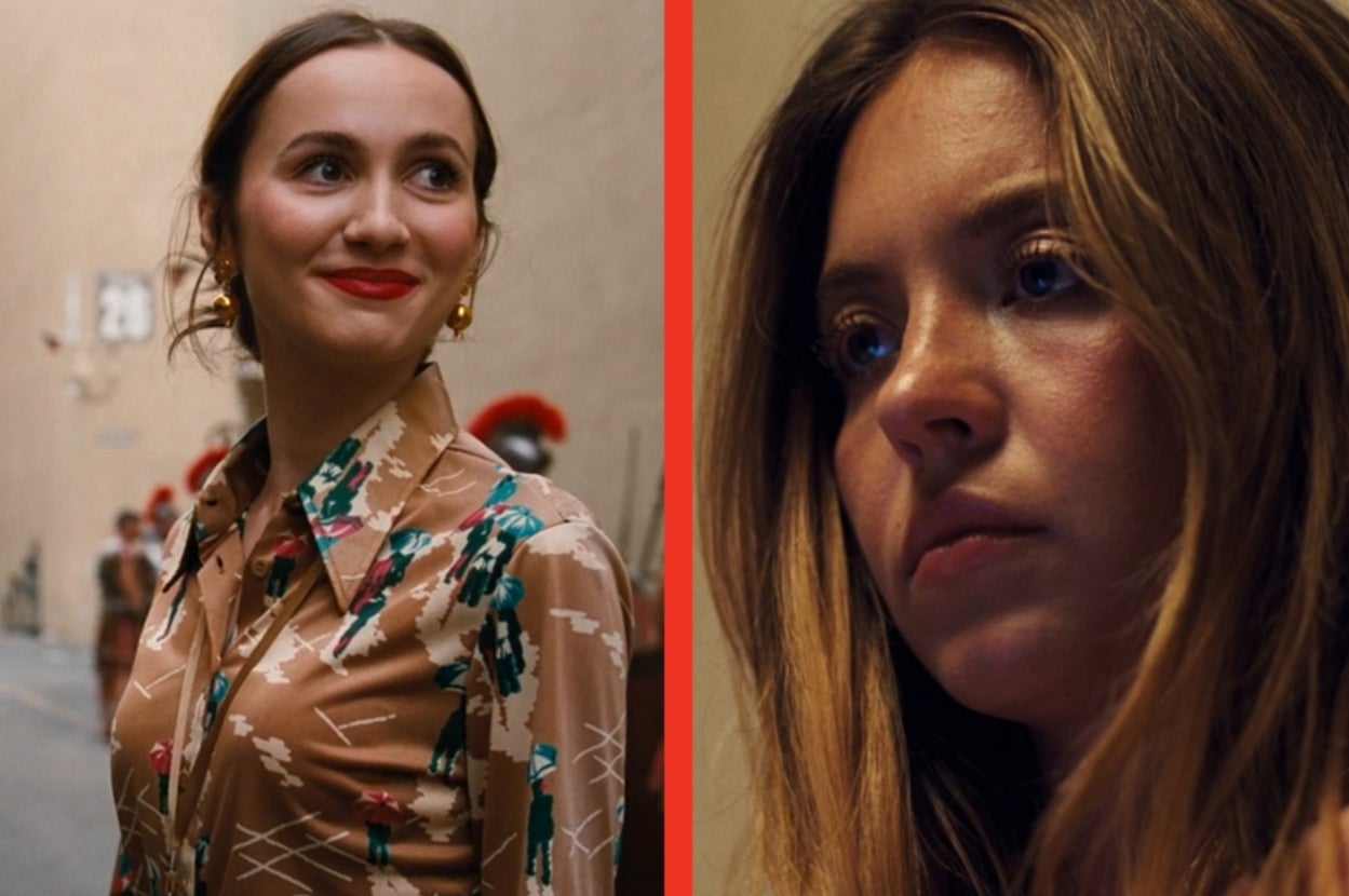 Two women stand separately. Left woman wears a patterned blouse with large earrings, smiling. Right woman looks thoughtful, with light hair