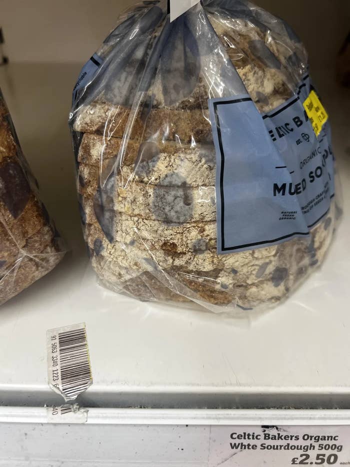 Packaged loaf of integrated  mixed sourdough breadstuff  connected  a store   support  with a £2.50 terms  label