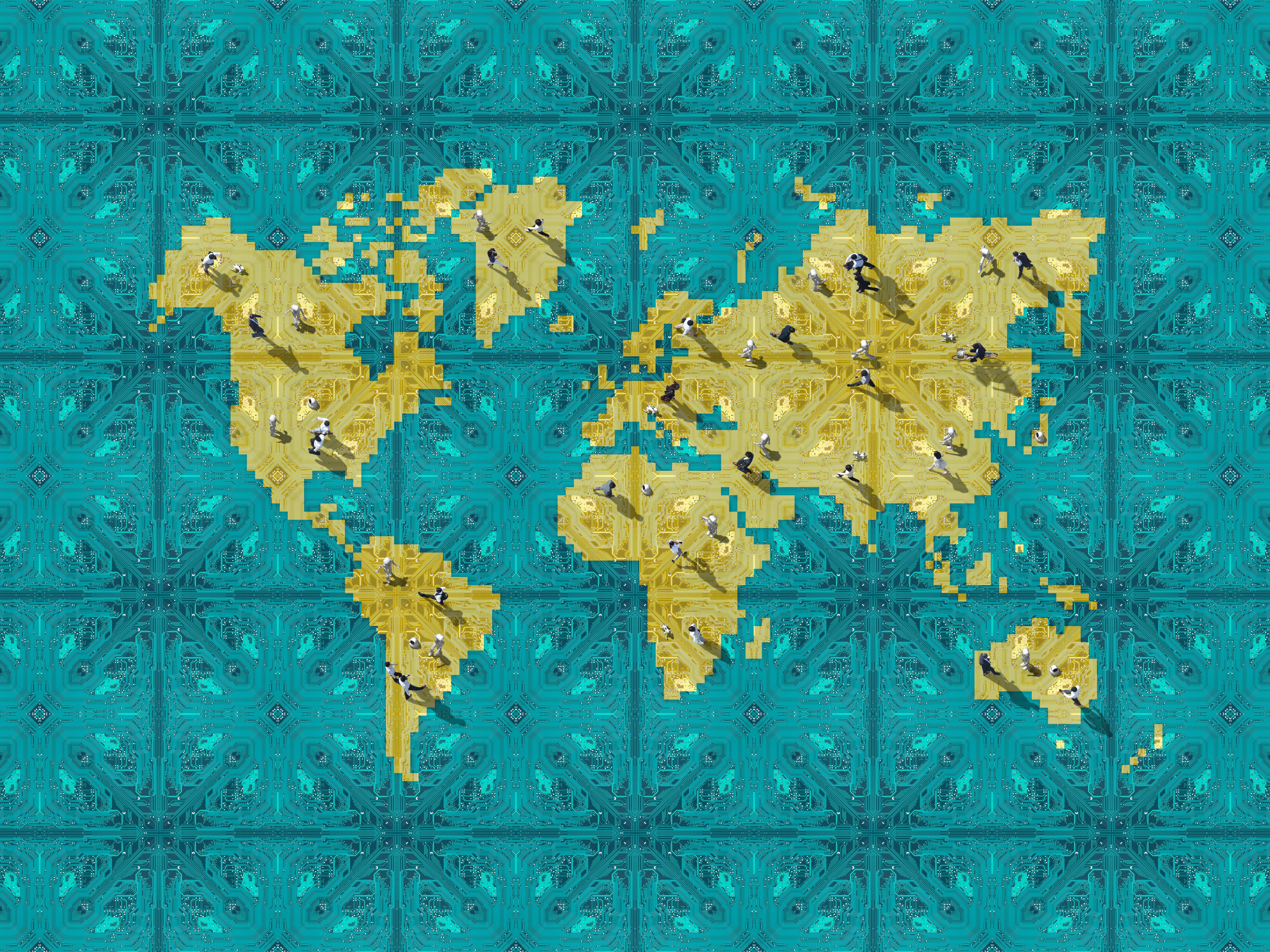 World map with gold, pixelated continents on a patterned blue background, featuring illustrations of people skiing and snowboarding