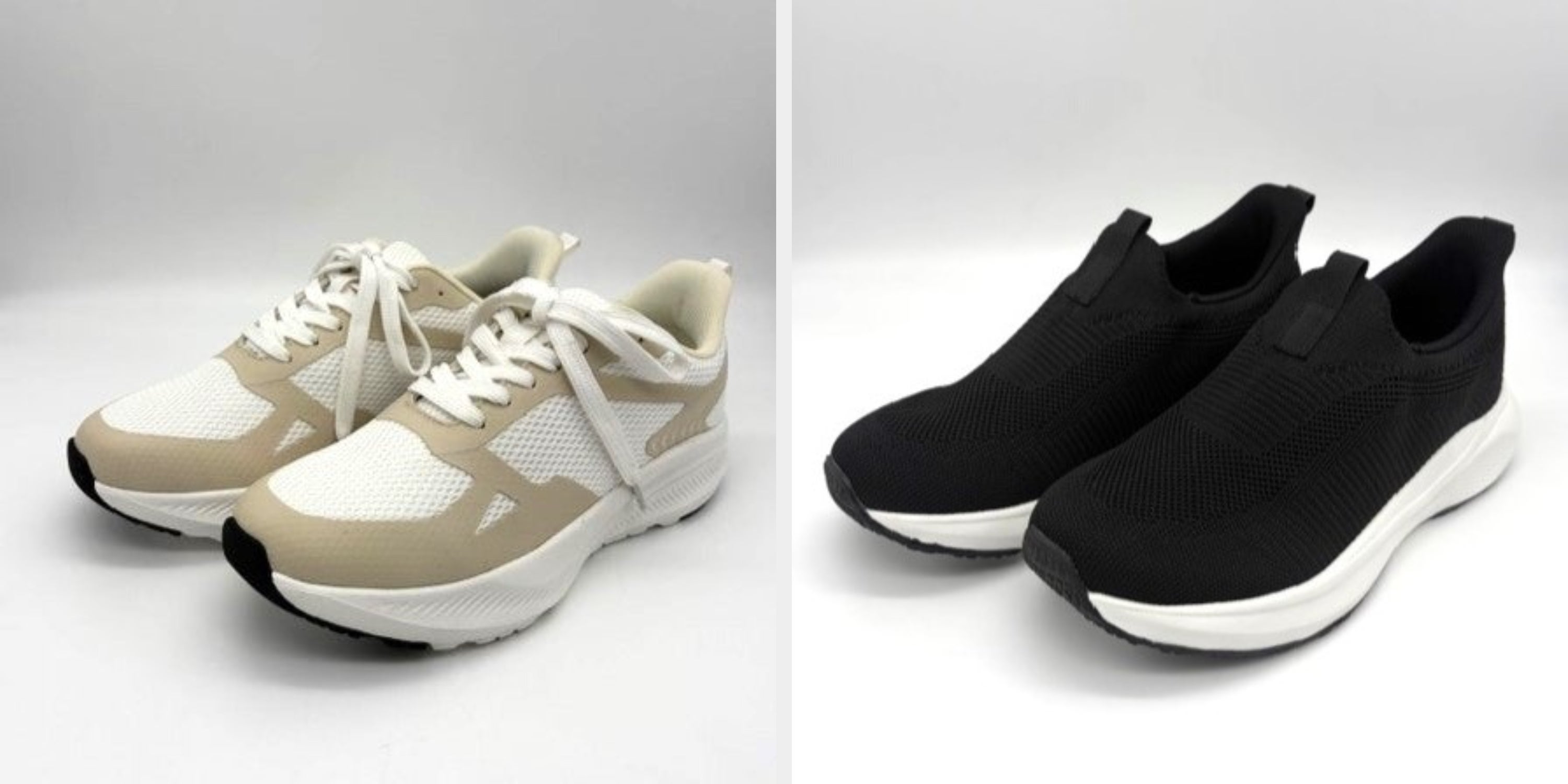 白いランニングシューズ、ベージュのアクセントと黒の靴底が特徴。