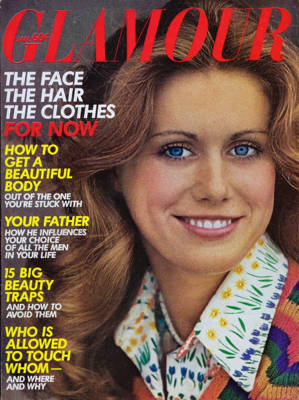 Glamour magazine cover featuring a smiling woman with wavy hair. Headlines include beauty tips and relationship topics