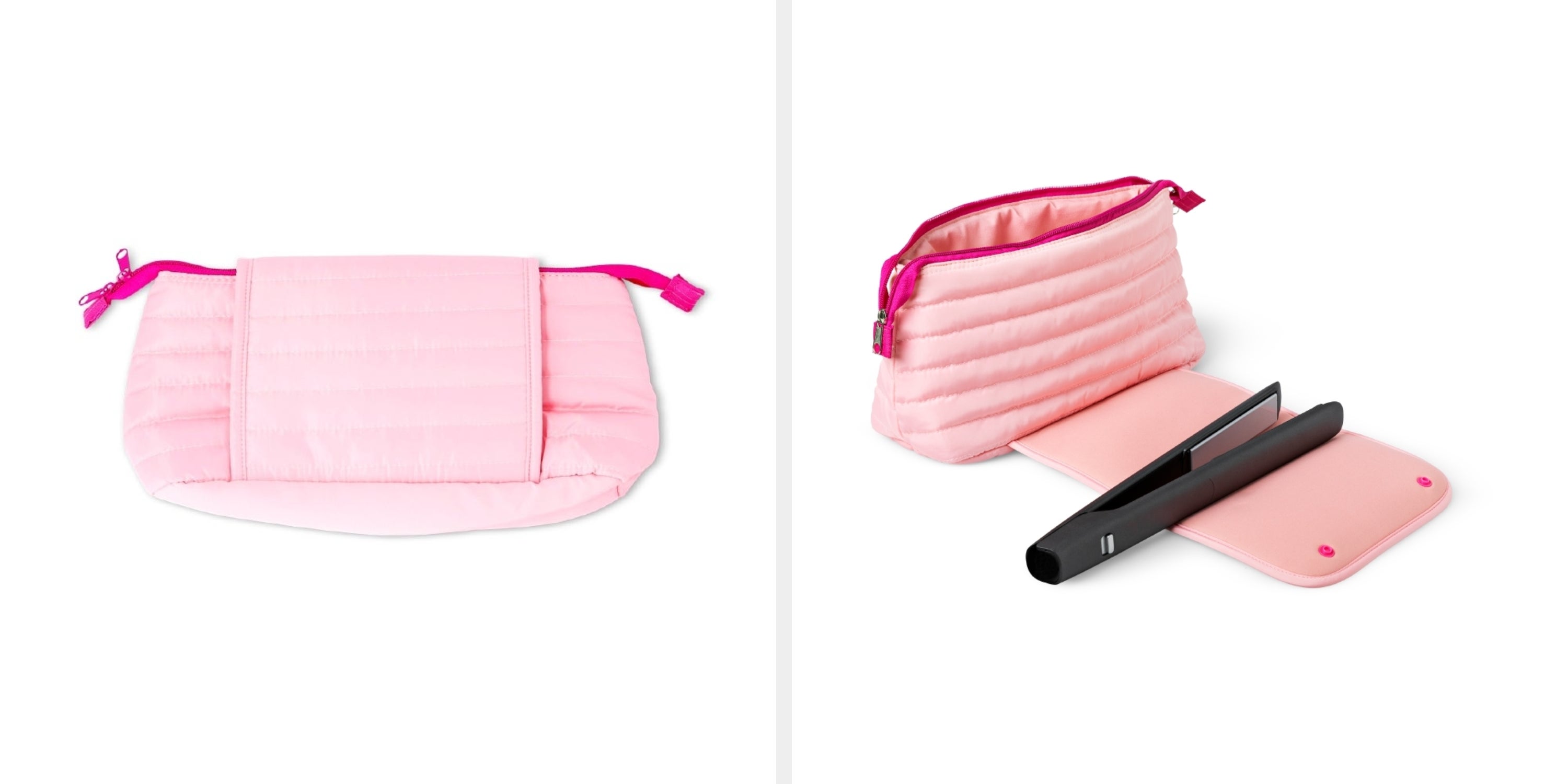 ピンクのファブリック素材のクラッチバッグが写っています。横にファスナー付きのひもがあり、シンプルなデザインが特徴です。