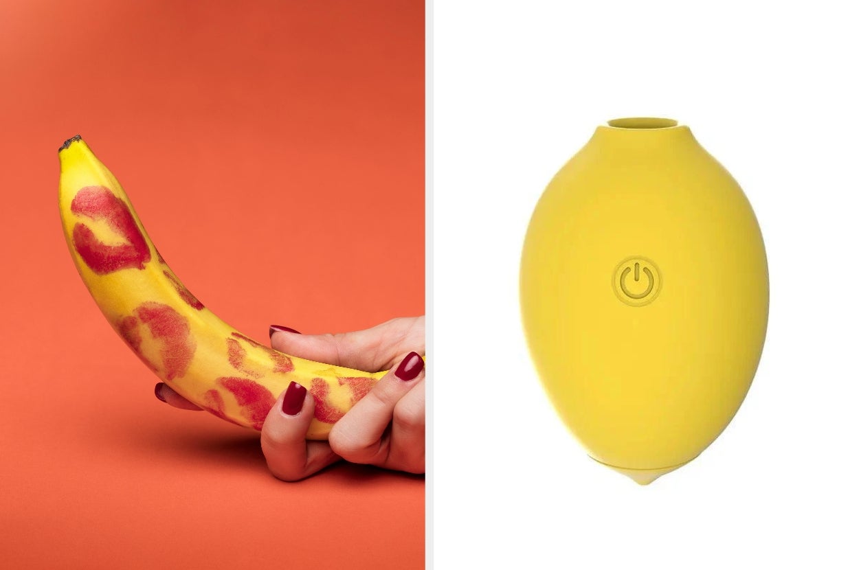 Hand holding a banana with lipstick marks next to a yellow, power button-shaped, vase-like object