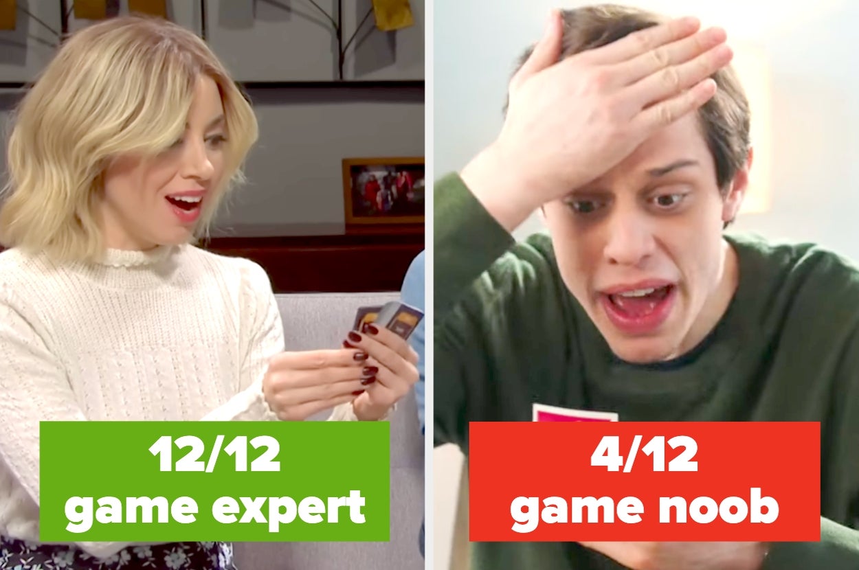 Two people playing a card game; one labeled "game expert" and the other "game noob," showing contrasting expressions of confidence and surprise