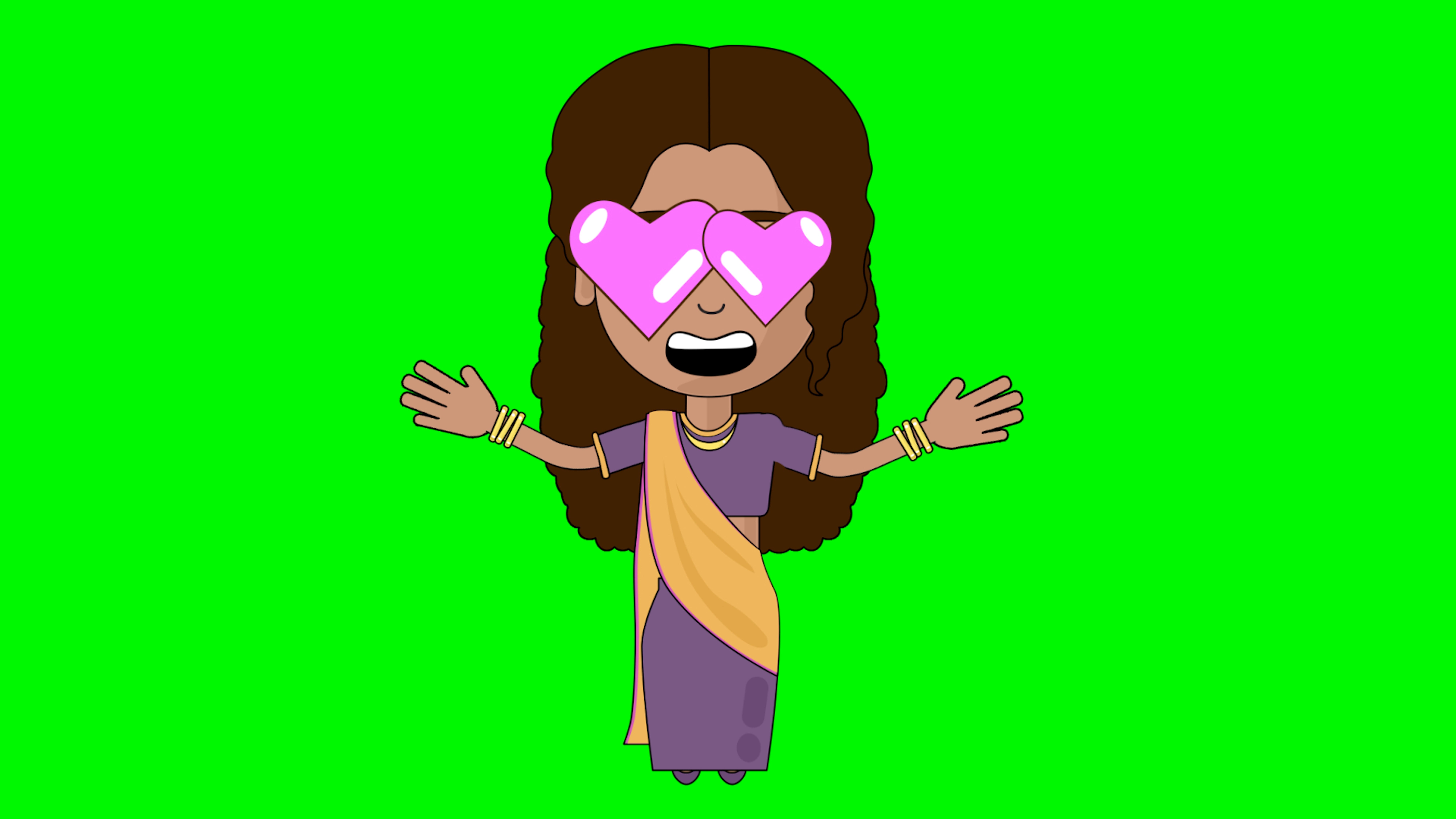A cartoon person wearing a sari and heart-shaped glasses with arms open wide, conveying love or affection