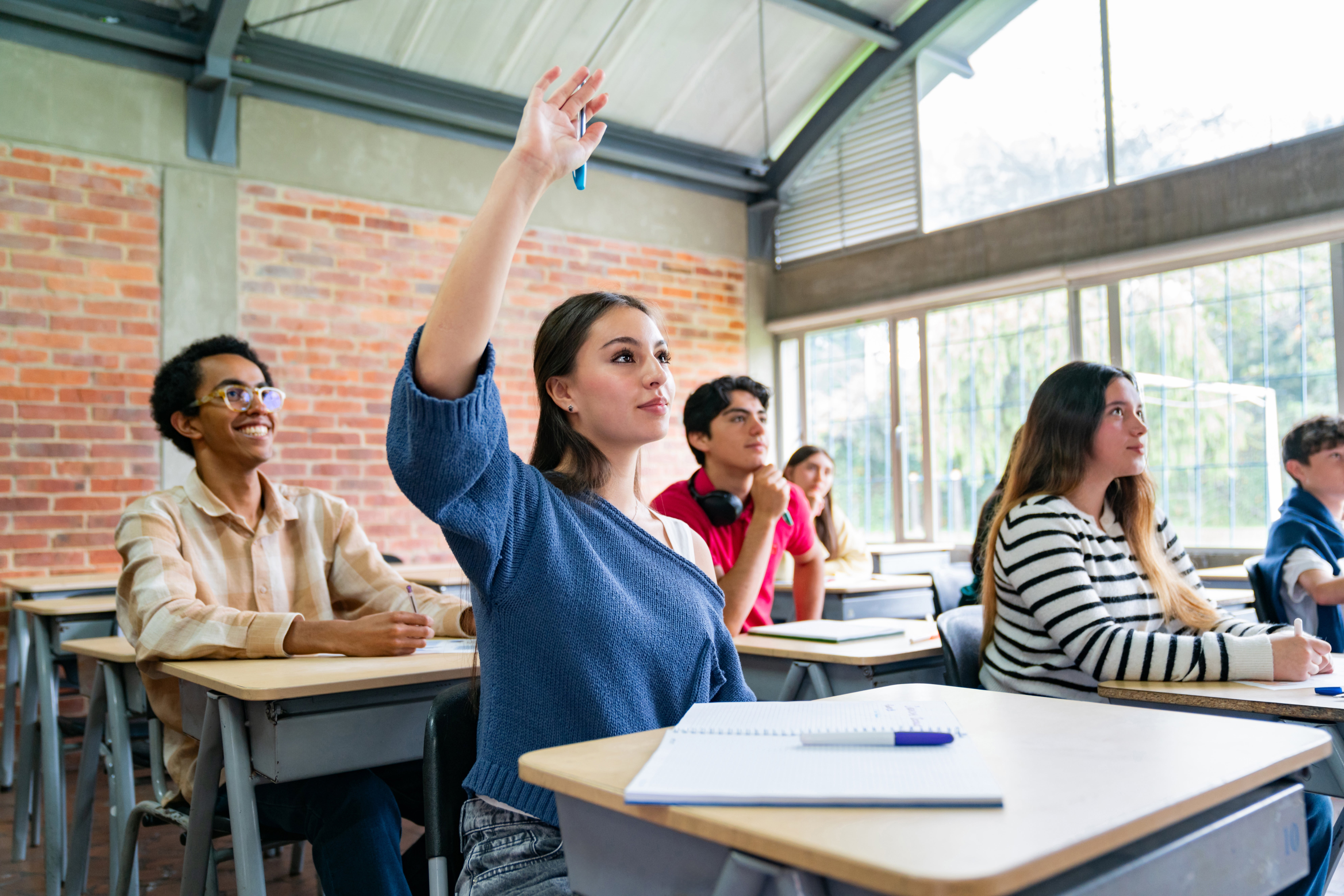 Students sitting in a classroom, one raising a hand, engaged in a lesson