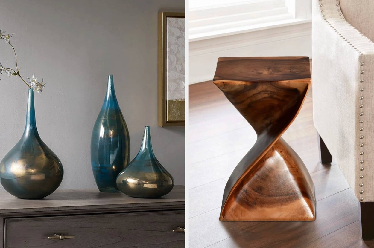 Decorative blue vases on a wooden table and a twisted wooden stool beside a light-colored armchair; featured in a shopping article