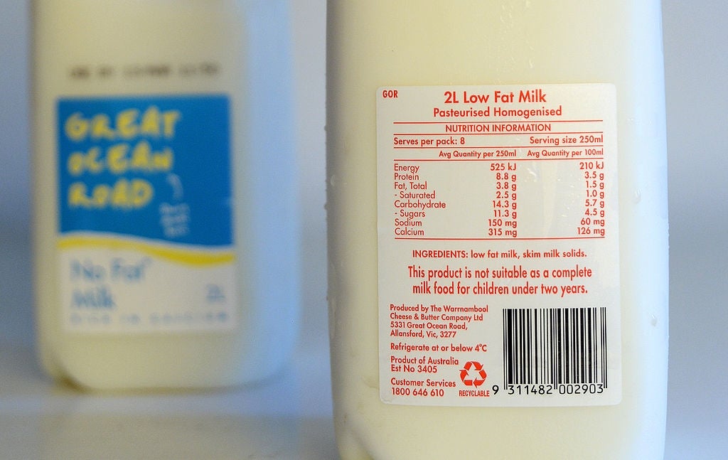 beforehand   vessel  shows nutrition info for 2L low-fat milk; backmost  vessel  partially disposable   with immoderate   blurred text