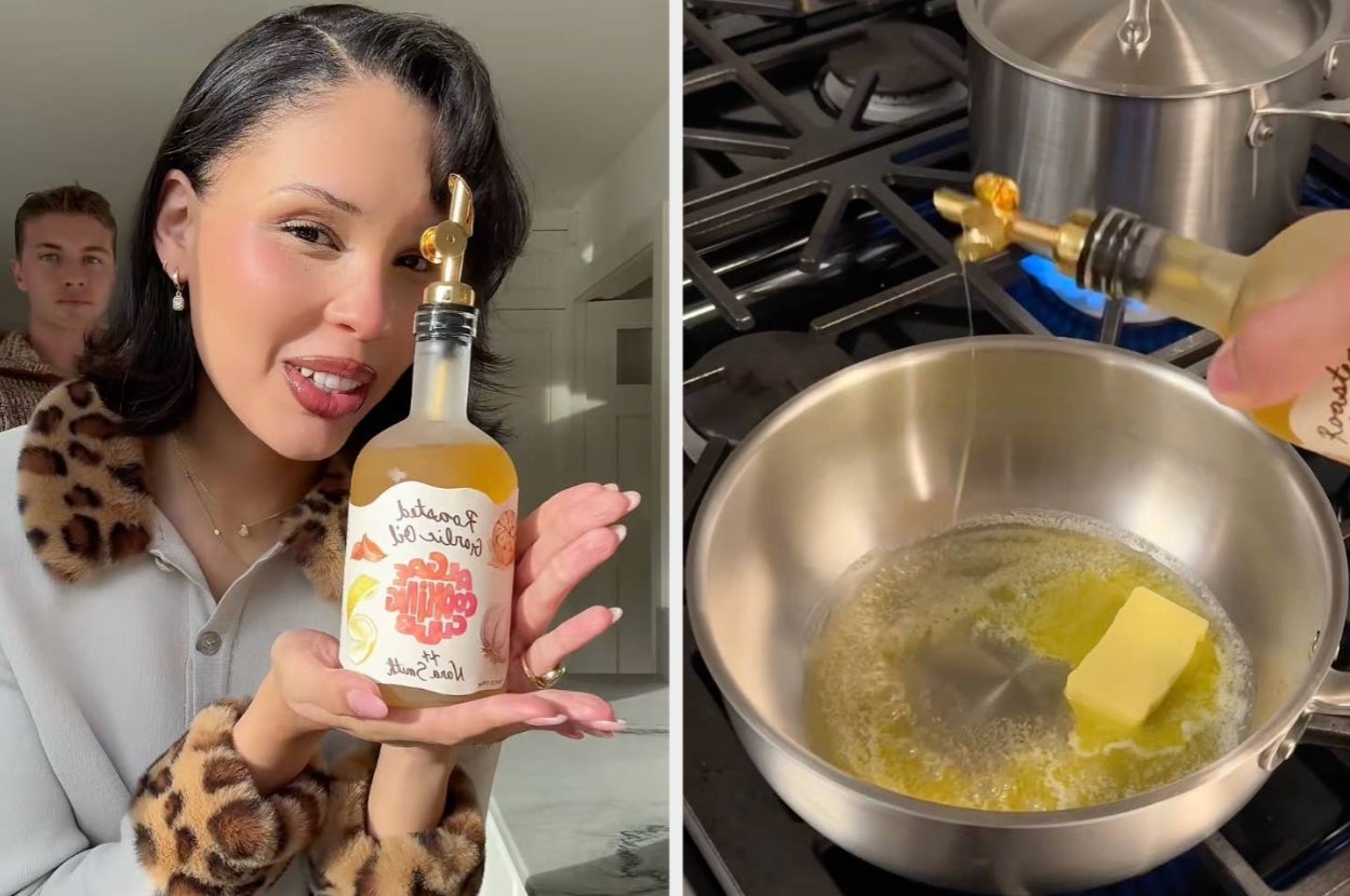Person displaying a bottle of truffle sauce, then pouring it into a pot with butter on a stove