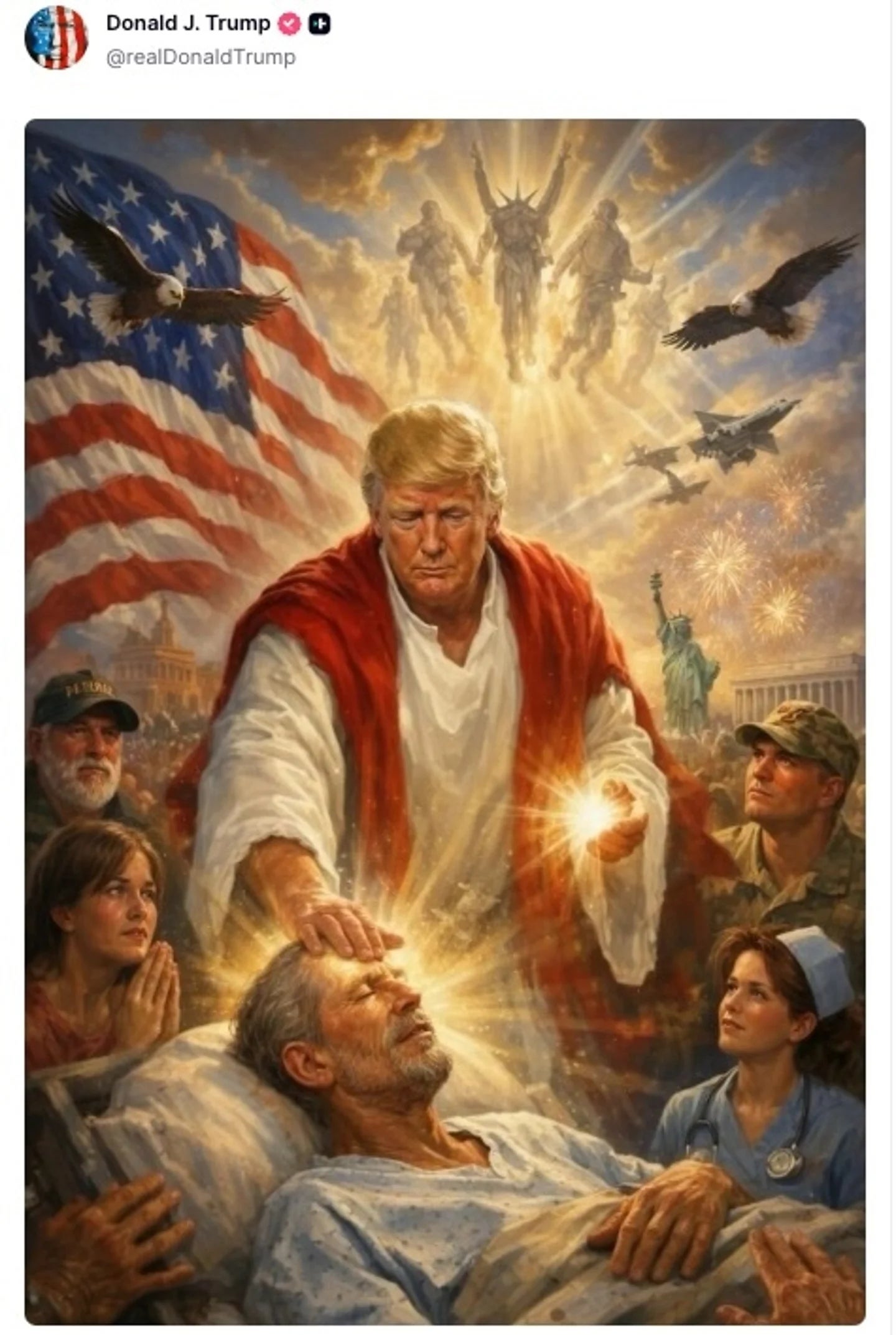 Religious-style coating  of a antheral   resembling Donald Trump healing a sick   person, surrounded by radical   and with a emblem  and angels successful  the background