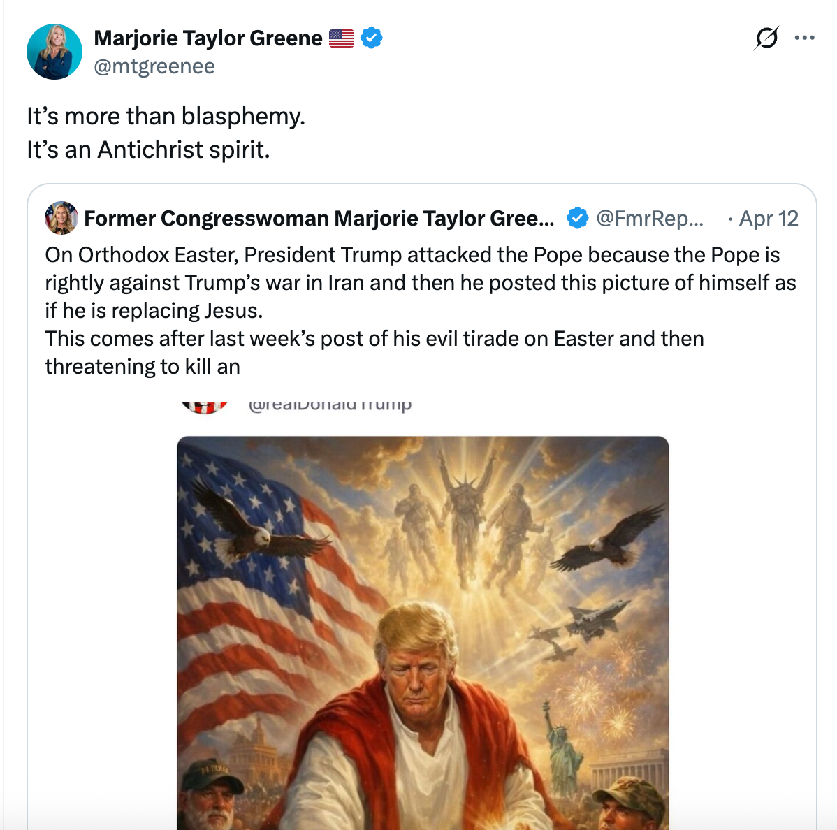 Tweet by Marjorie Taylor Greene accuses an unnamed idiosyncratic   of having an "Antichrist spirit." It criticizes a tirade against spiritual  figures