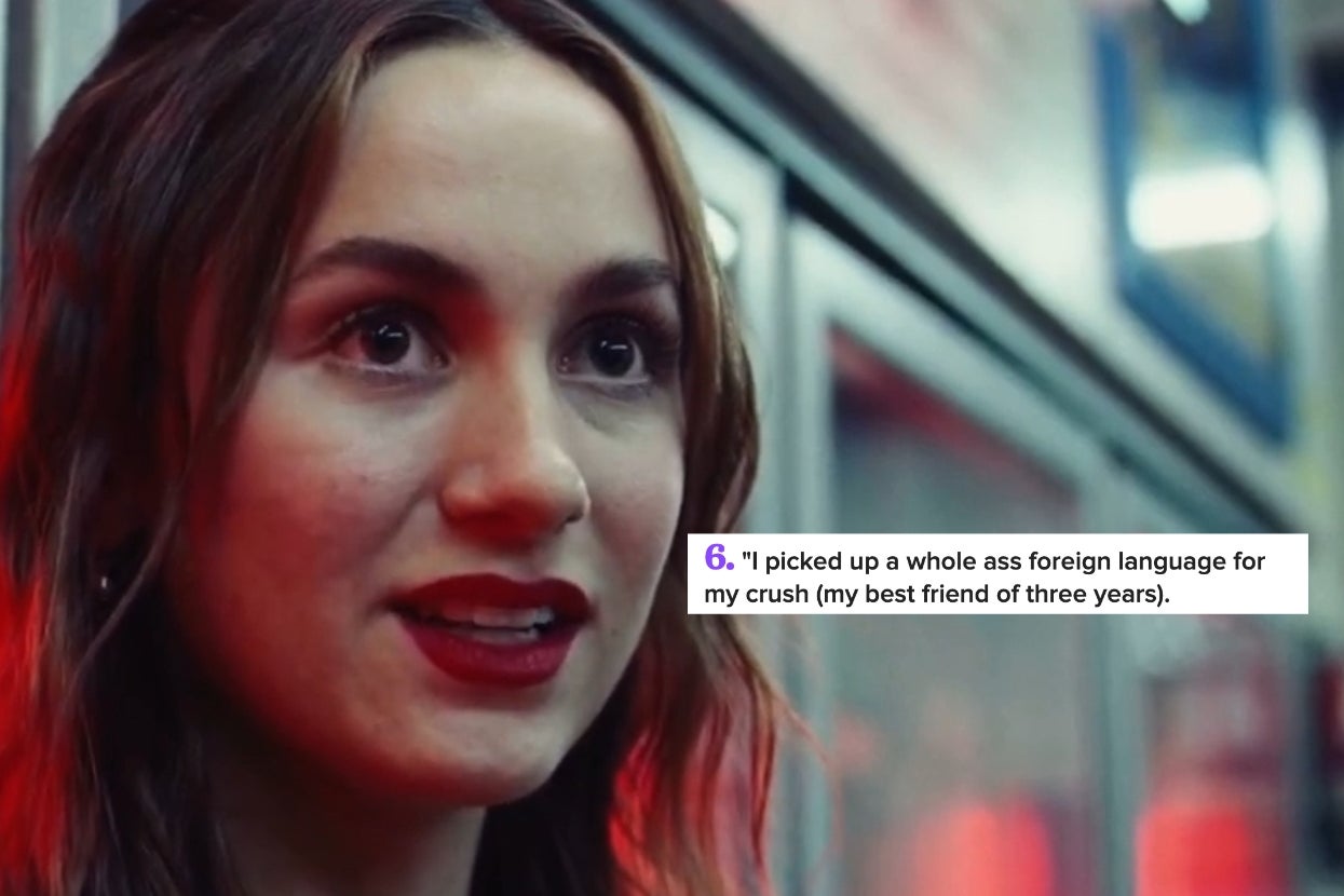 A person with long hair is speaking. Text reads: "I picked up a whole ass foreign language for my crush (my best friend of three years)."