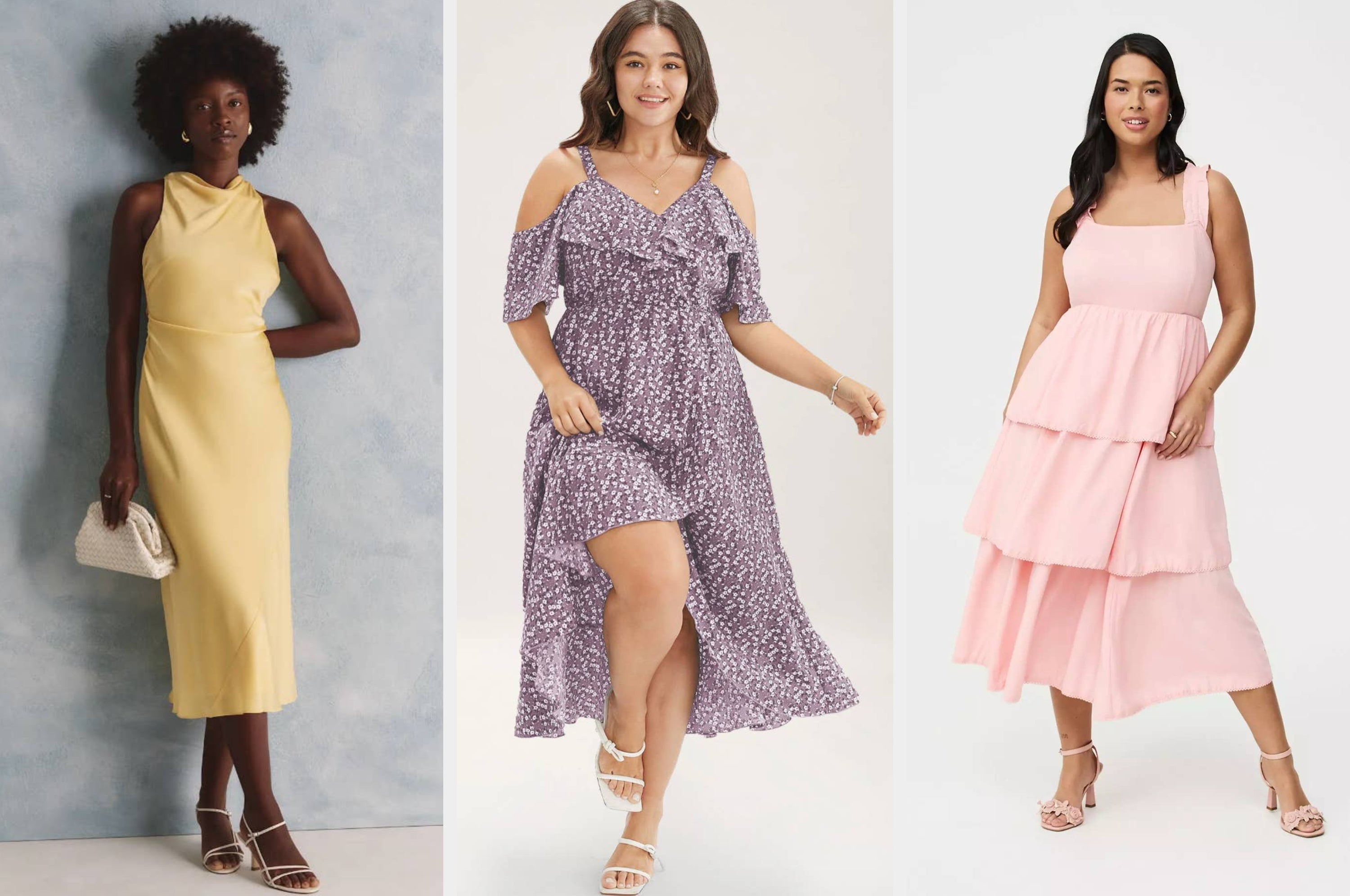 Three models display different dress styles: a pleated halter mini dress, a strapless ruched red midi dress, and a flowy shirred yellow sundress