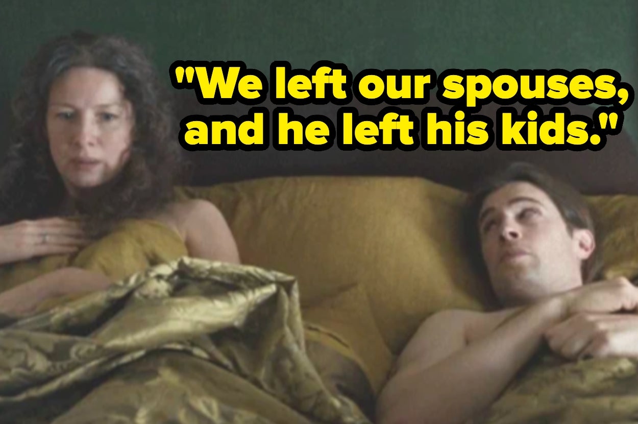 A man and woman lie in bed, covers pulled up. Overlaid text reads: "We left our spouses, and he left his kids."