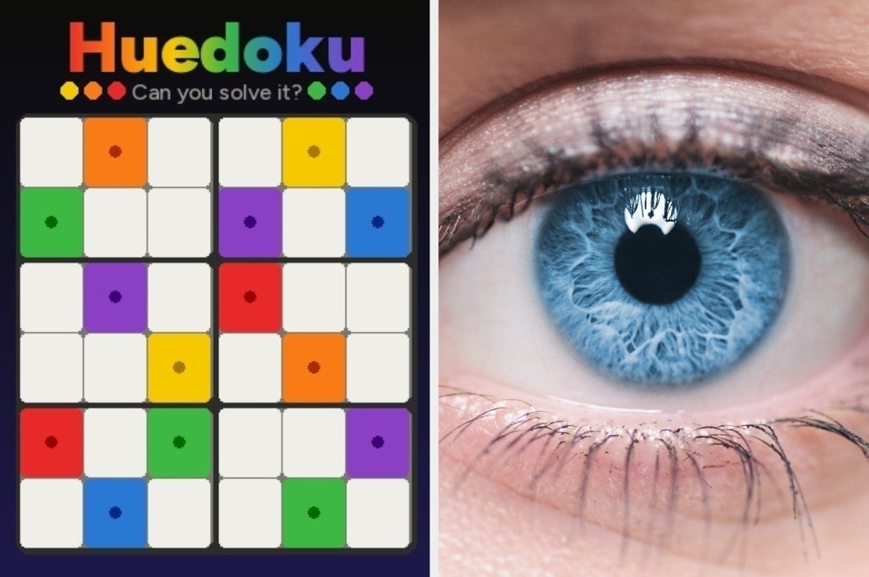 Huedoku puzzle grid on the left, featuring multicolored squares, next to a close-up of a blue eye on the right