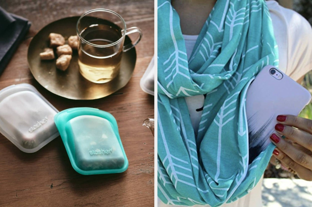 Reusable silicone storage bag beside a cup of tea and a person holding a phone while wearing a patterned scarf