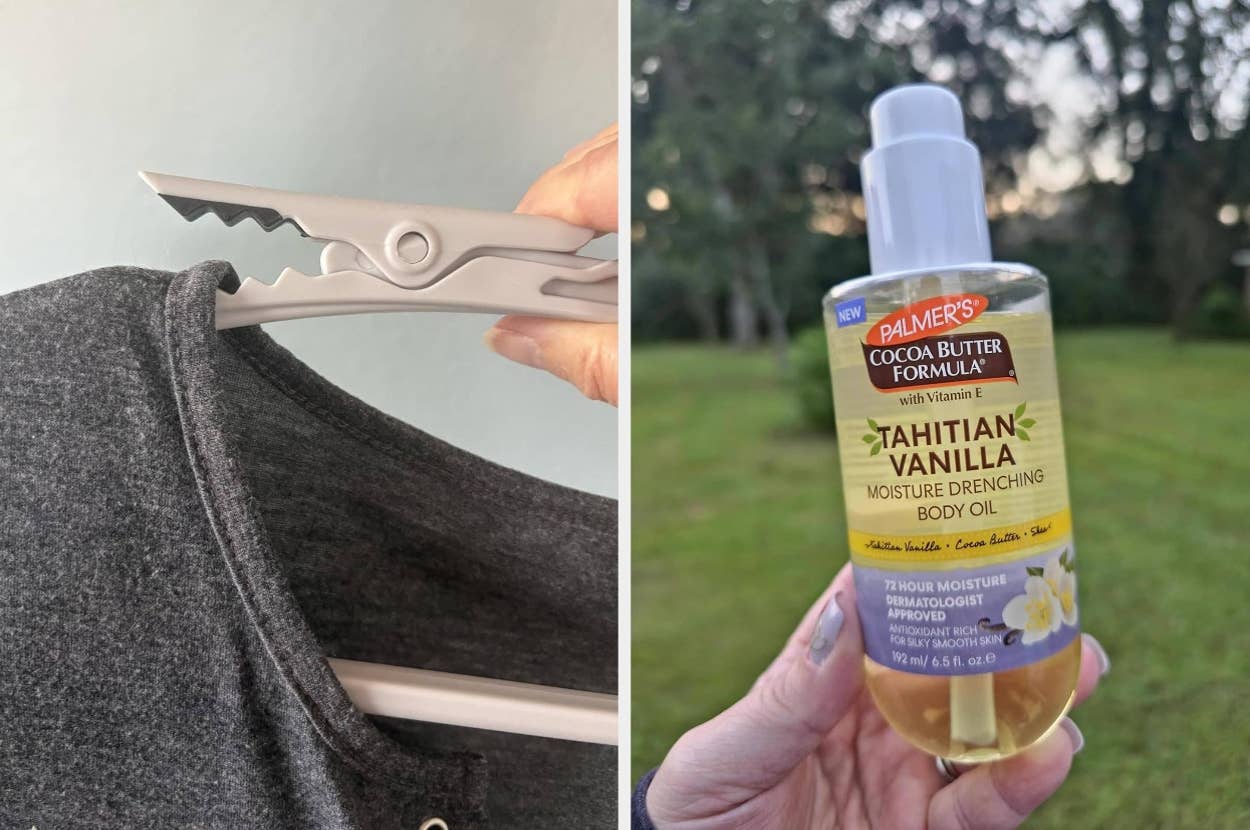 A hand holds a bottle of Palmer's Tahitian Vanilla body oil outdoors; a shirt is held by a laundry drying rack clip