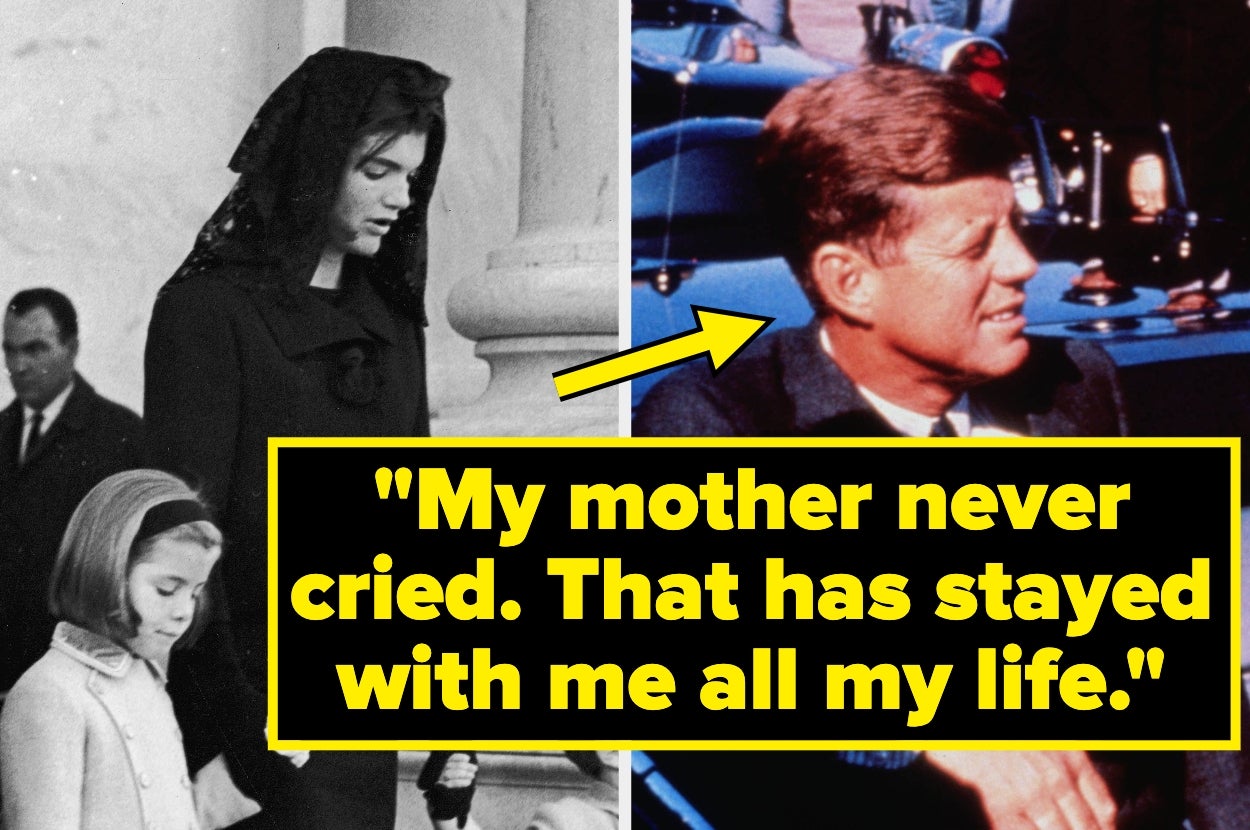 Split image: left shows woman with a girl at an event; right shows a man in a car. Text: "My mother never cried. That has stayed with me all my life."