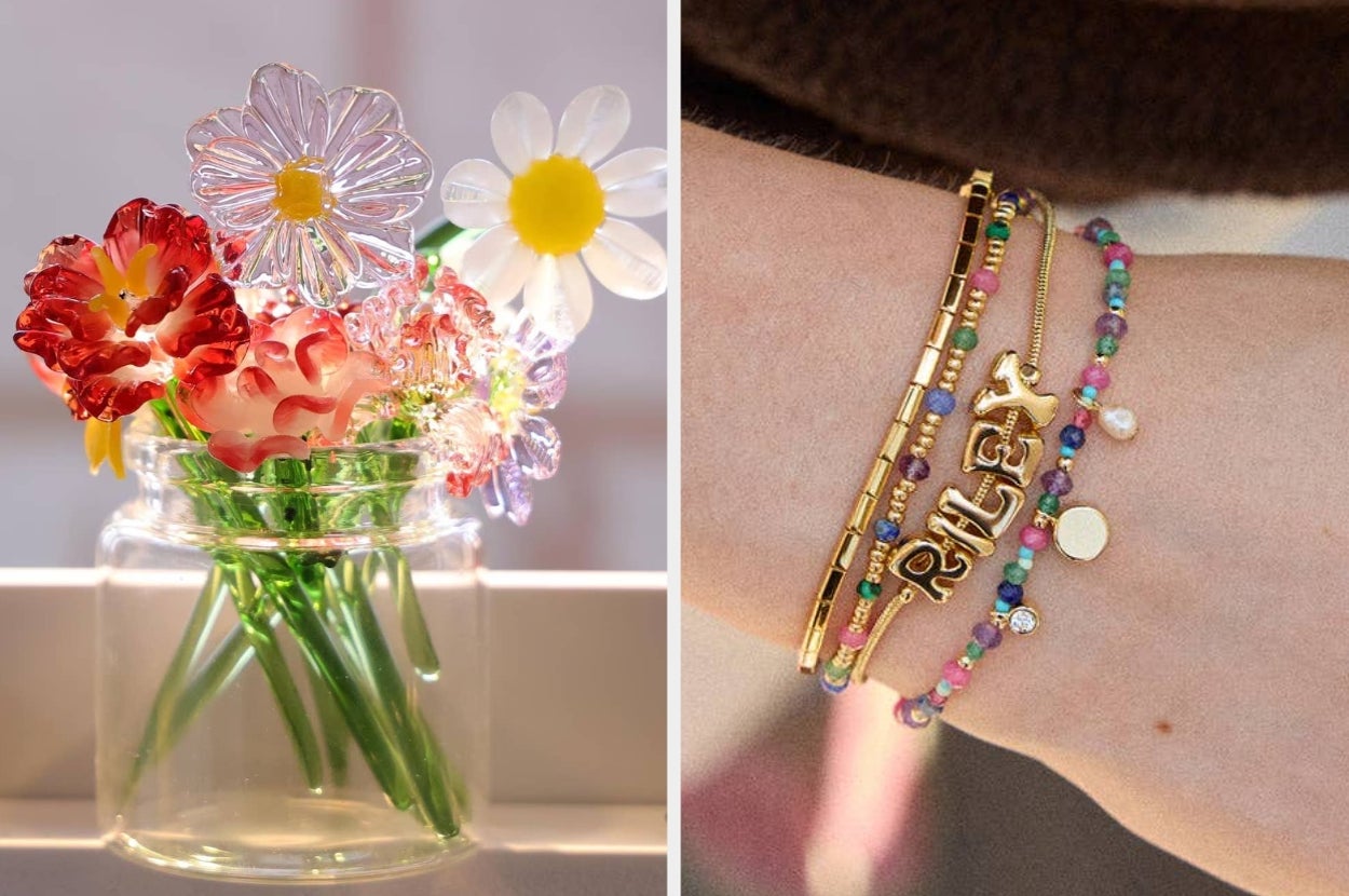 left: bouquet of glass flowers in a jar on a windowsill; right: closeup of a gold and beaded stacked bracelet with the name "Riley"