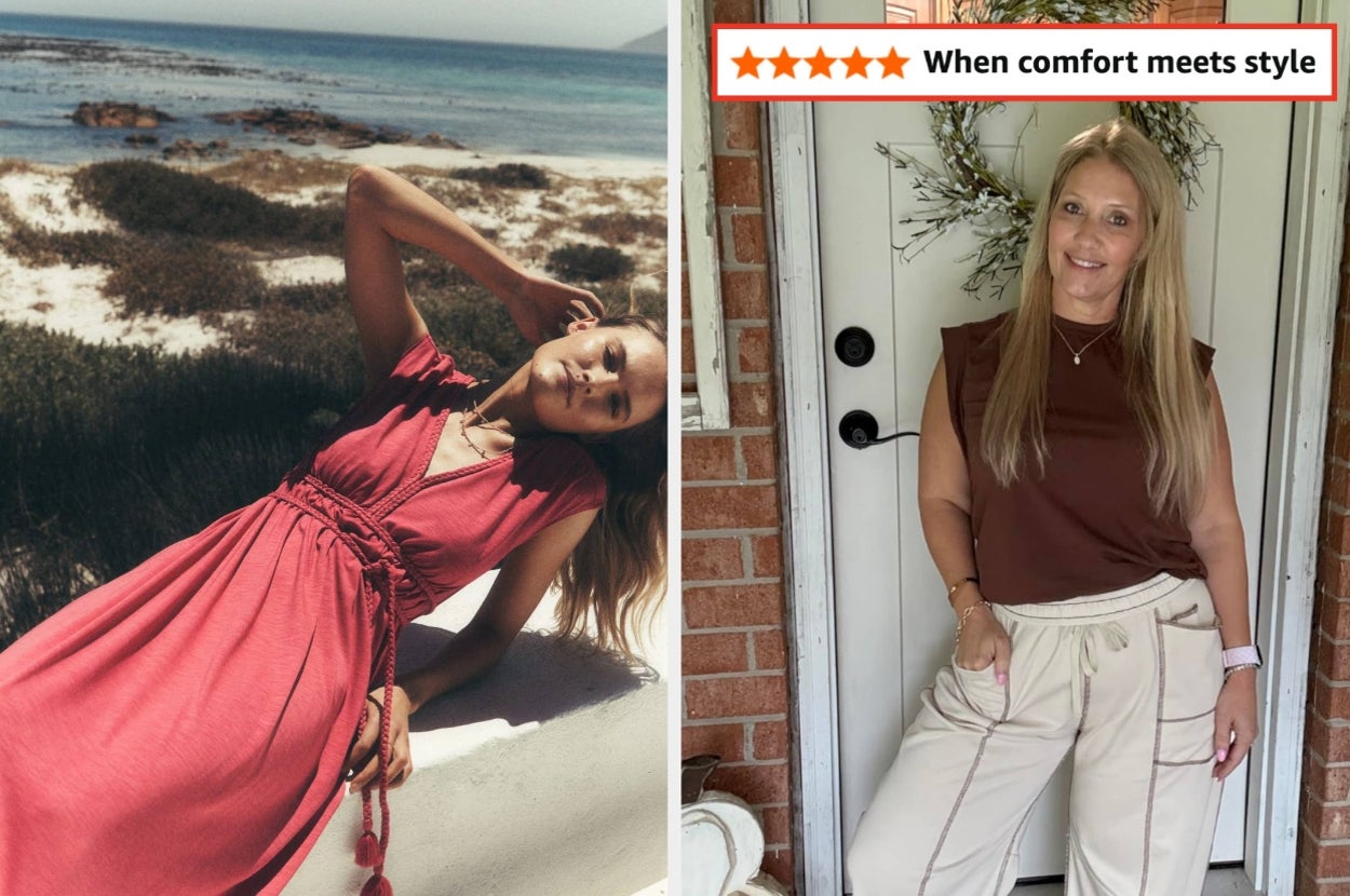 Two women in stylish casual outfits; one in a relaxed beach setting, the other posing by a doorway. Text: "When comfort meets style."