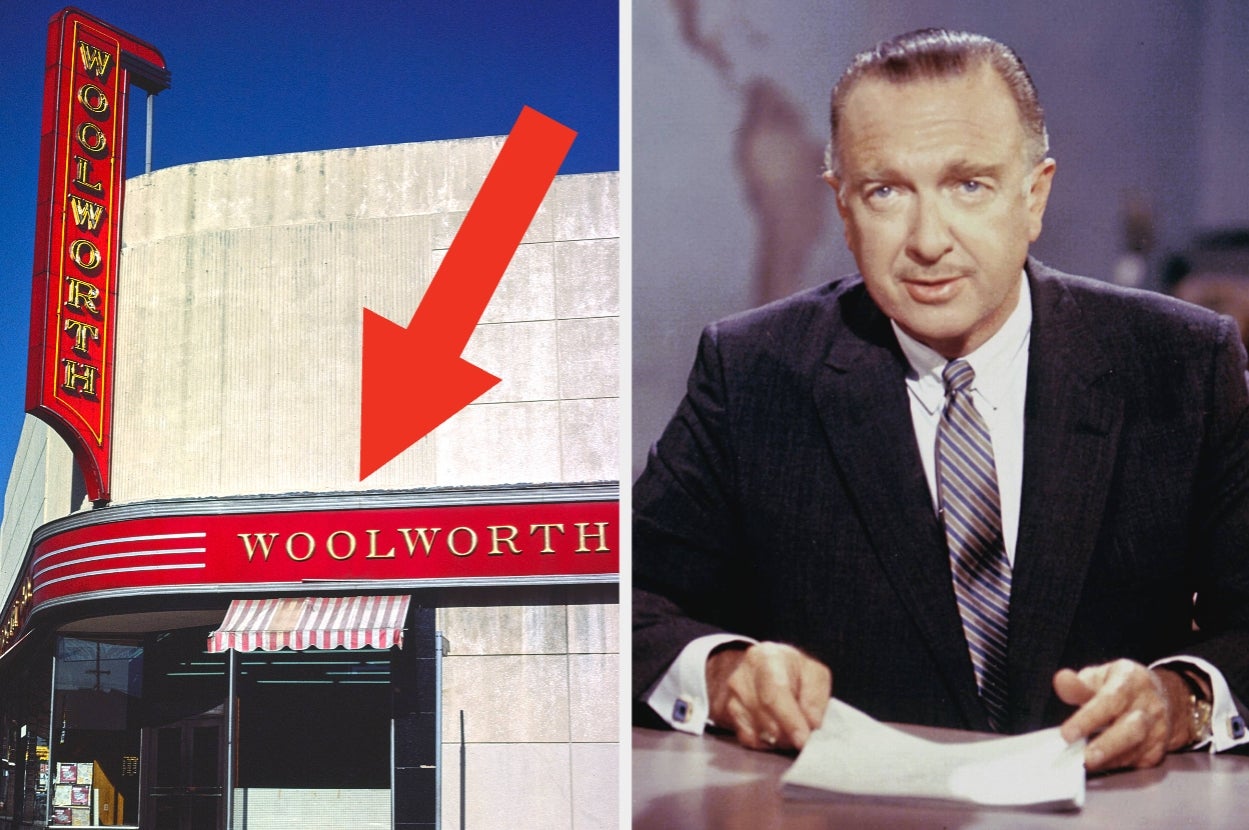 Split image: Left, a Woolworth store with a large sign. Right, a man in a suit and tie sitting at a news desk