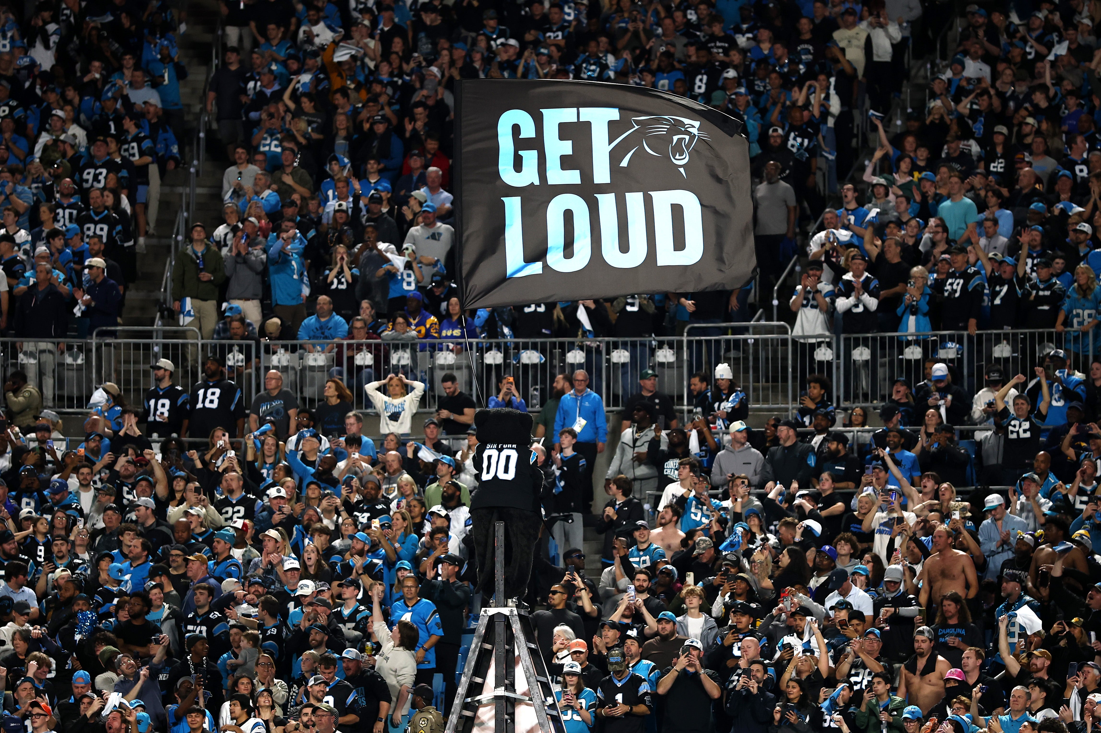 A idiosyncratic   stands connected  a ladder holding a "Get Loud" emblem  amid a cheering assemblage  astatine  a sports event