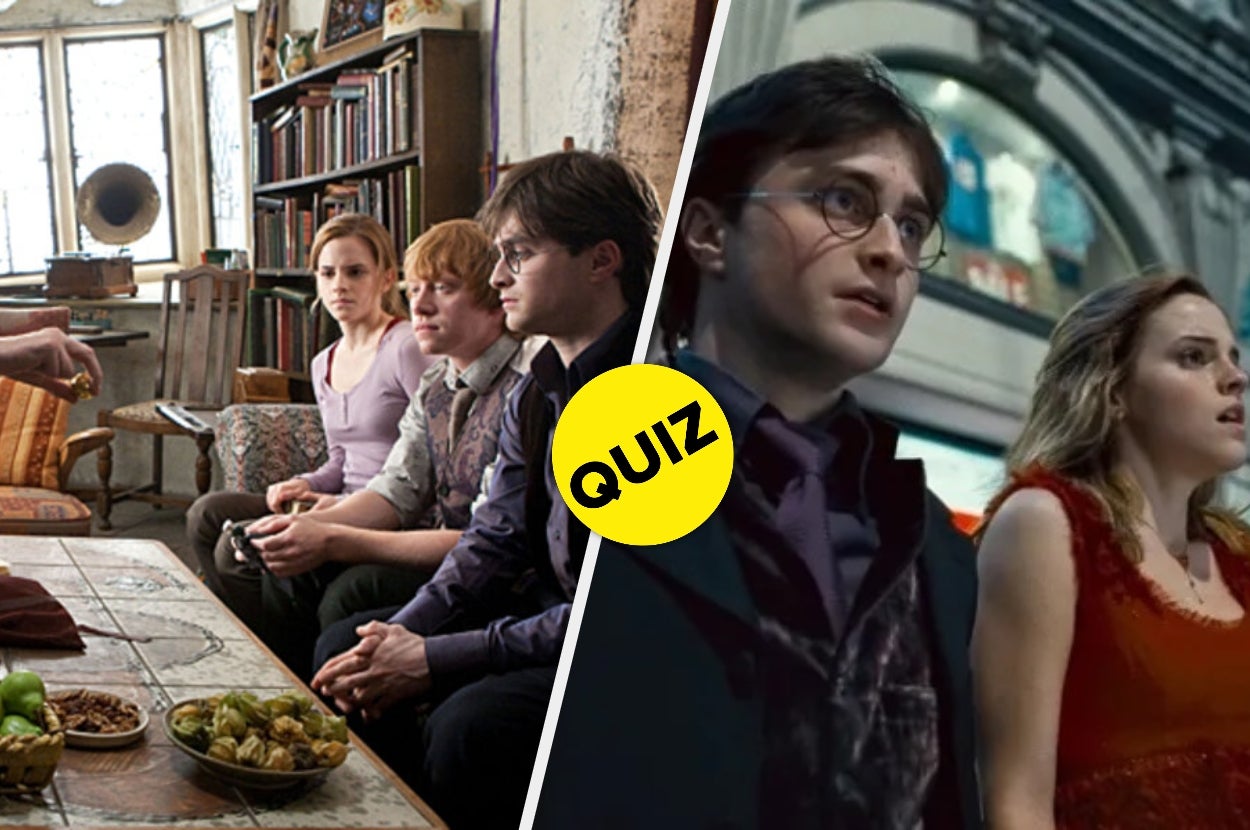 Two scenes from a movie series featuring a group of young adults seated and another with a couple dressed in formal attire, labeled "QUIZ" in between
