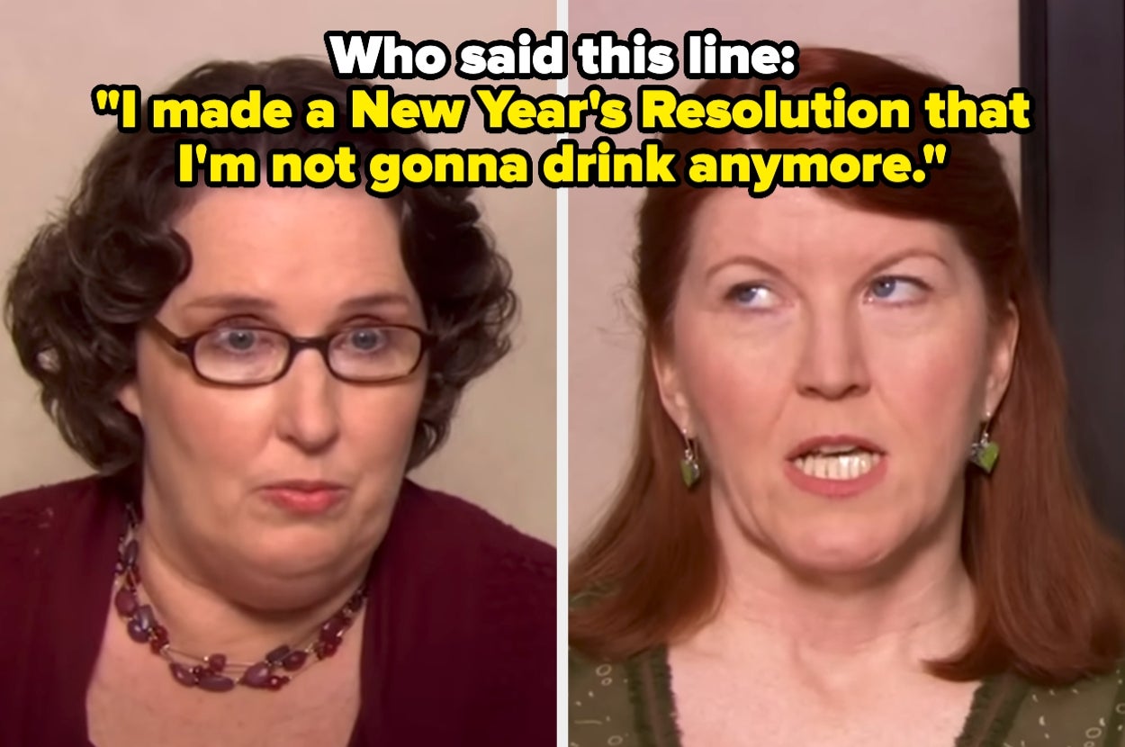 Two women from a TV show, one with glasses, the other with red hair, are shown with text asking who said, "I made a New Year's Resolution that I'm not gonna drink anymore."