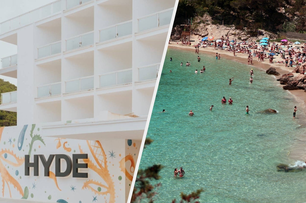 Split image: A modern hotel with a mural is on the left, and a beach with numerous people swimming and sunbathing is on the right