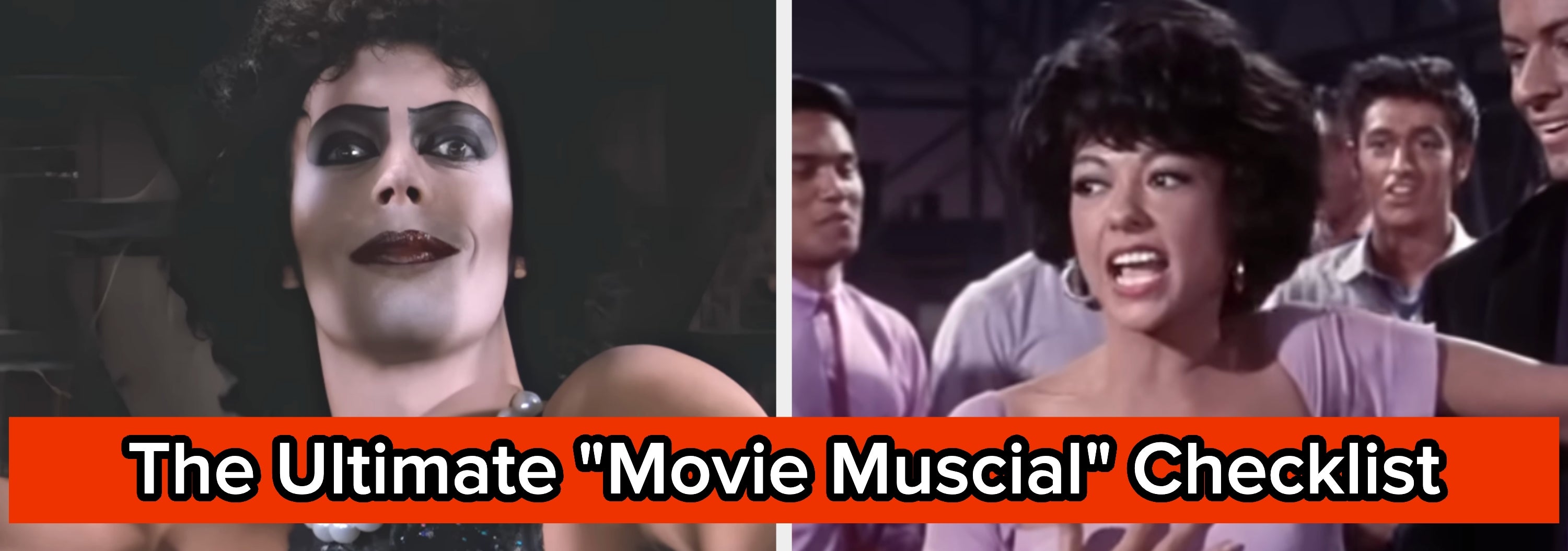 Two iconic movie musical scenes: one with a person in theatrical makeup, another with a person passionately singing in a lively crowd
