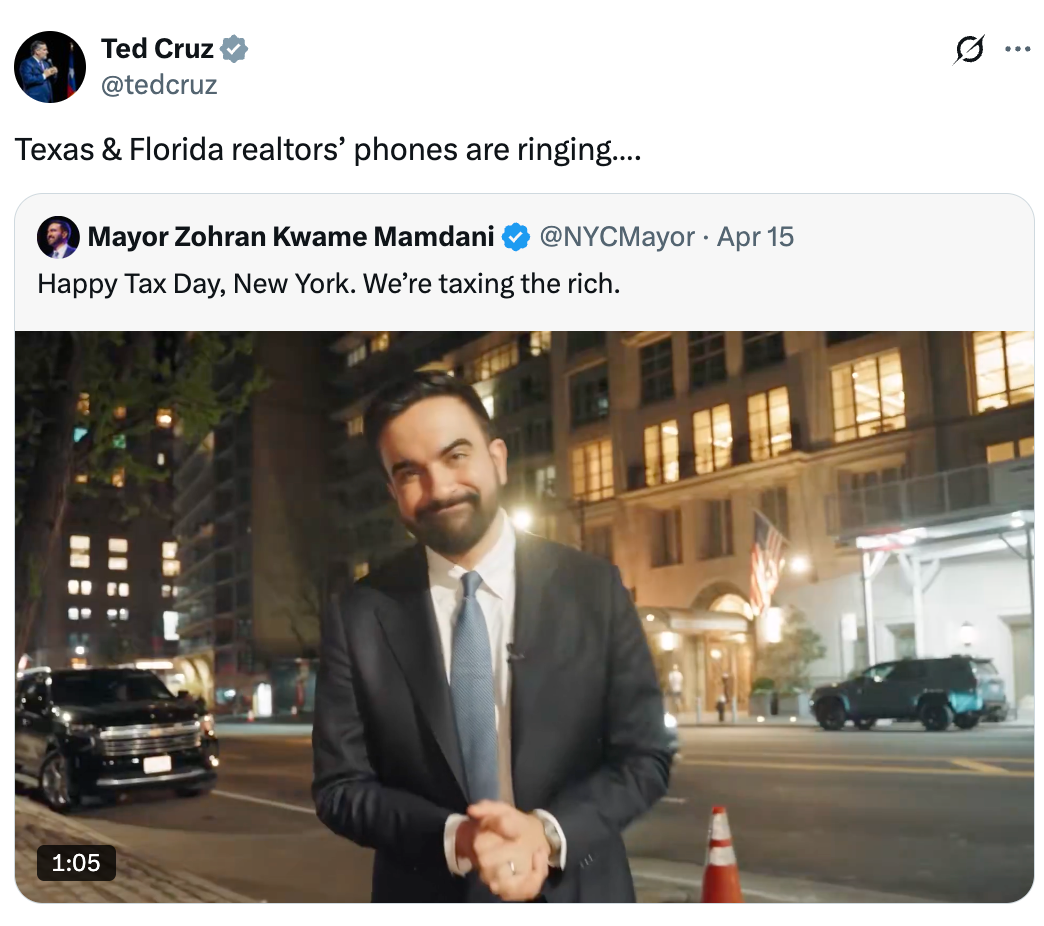 Tweet screenshot by Ted Cruz commenting connected  NYC Mayor Zohra Kwame Mamdani's station  astir  taxing the rich