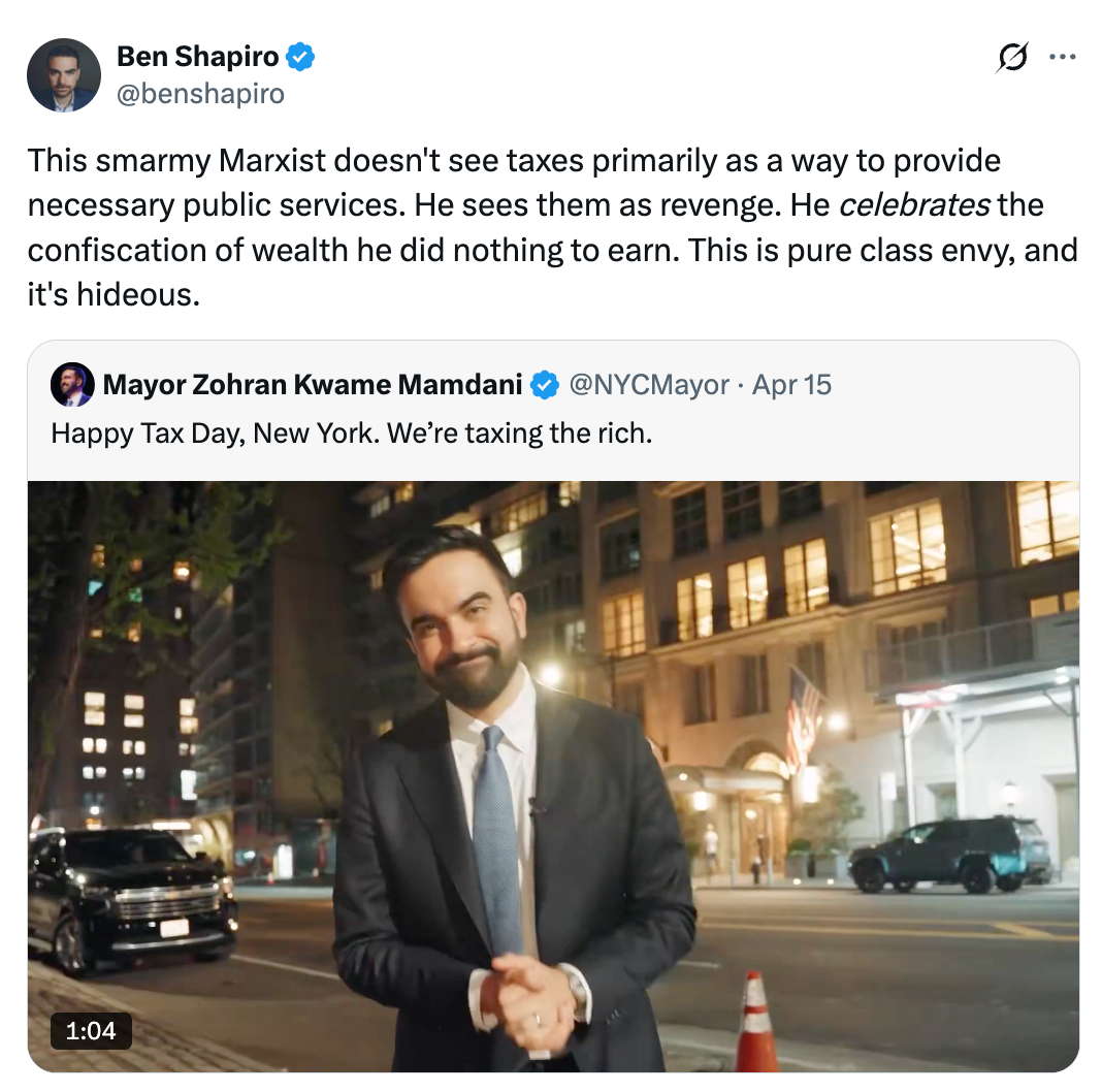 Ben Shapiro criticizes NYC Mayor Zohra Kwame Mamdani's tweet connected  taxing the rich, calling him a "smarmy Marxist" and accusing him of people  envy