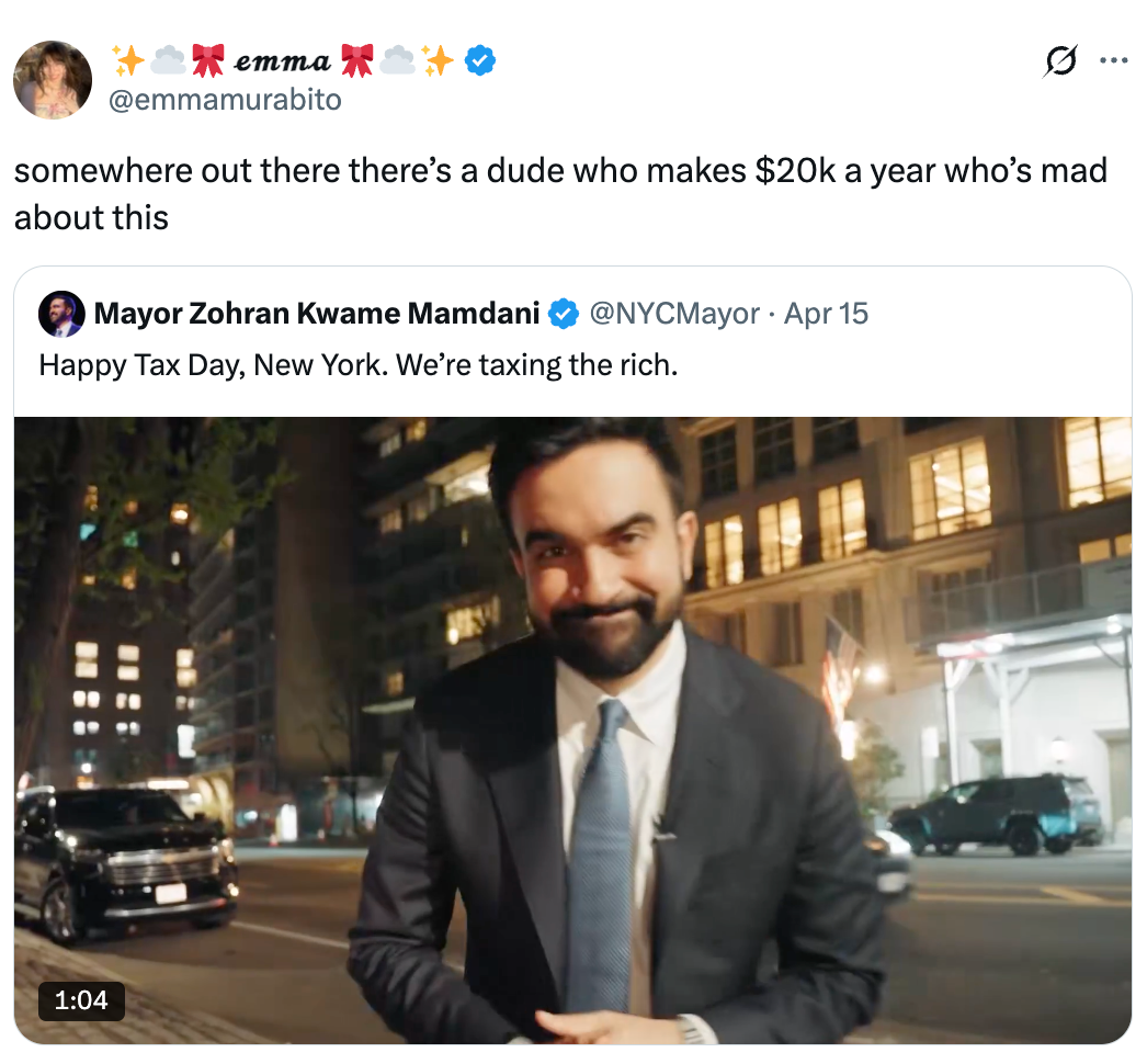 Tweet from @emmaurabito quotes @NYCMayor joking astir  taxing the rich