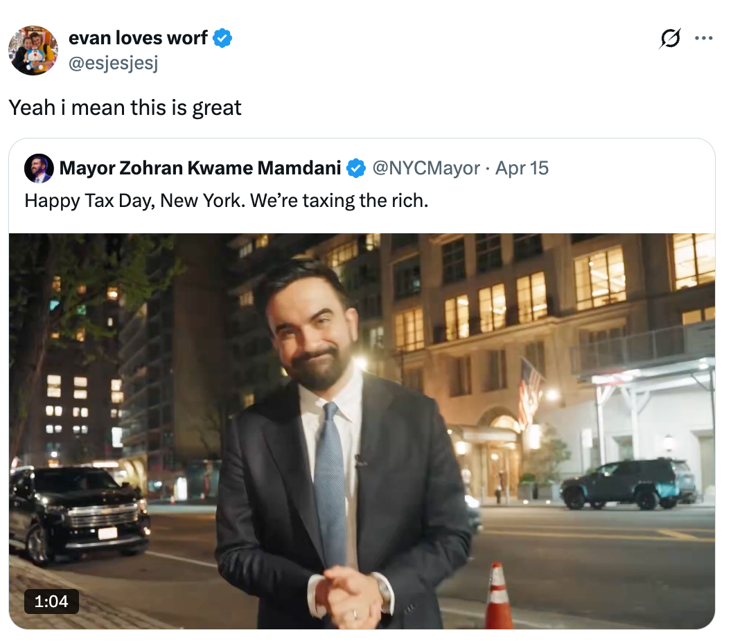 Tweet screenshot with idiosyncratic    commenting "Yeah I mean   this is great." A video shows a idiosyncratic   successful  a suit   discussing taxes connected  the affluent  successful  New York