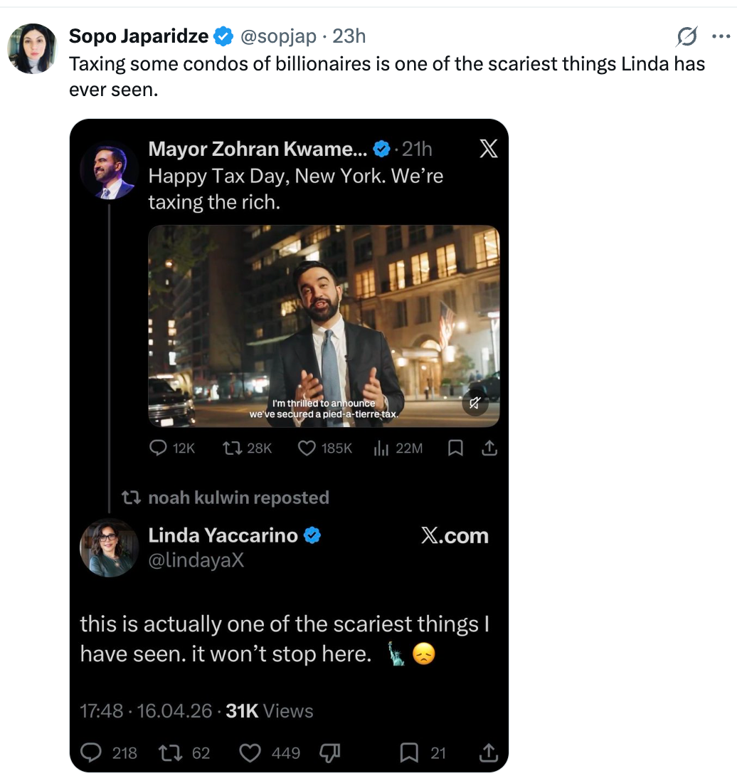 Tweet discussing taxation of billionaires, highlighting a retweet mentioning it's 1  of the scariest things seen