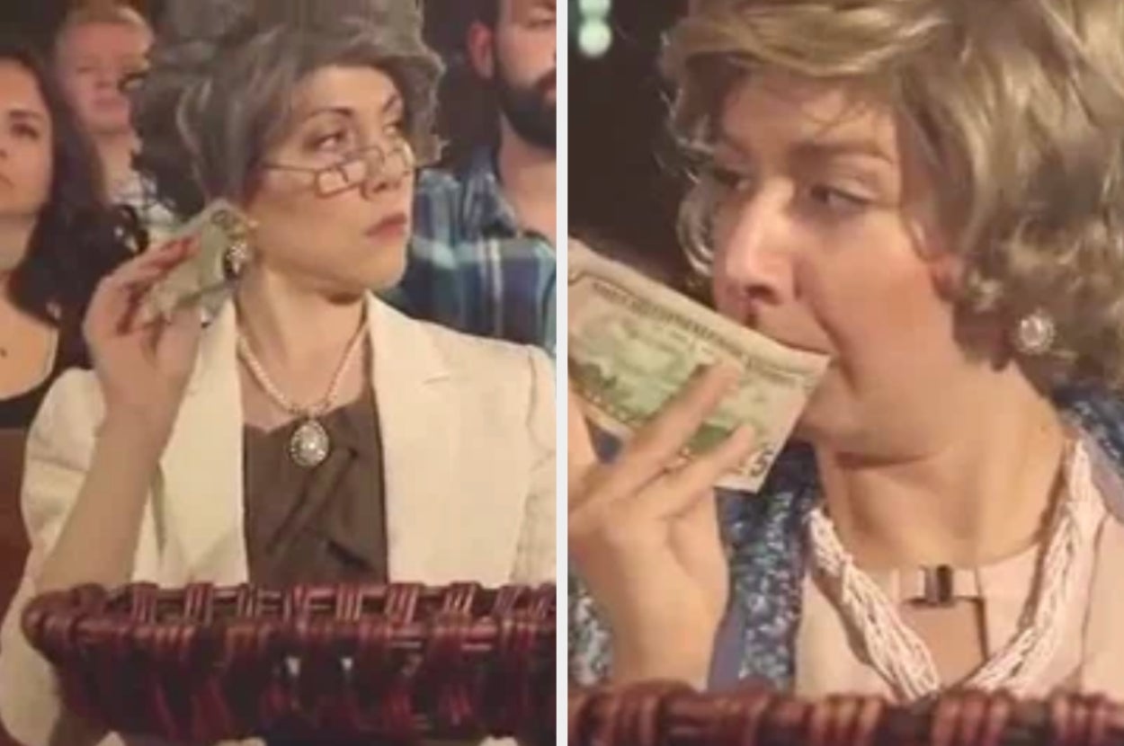 Two side-by-side images show a woman in vintage attire. On the left, she holds money; on the right, she smells it. She's wearing eyeglasses