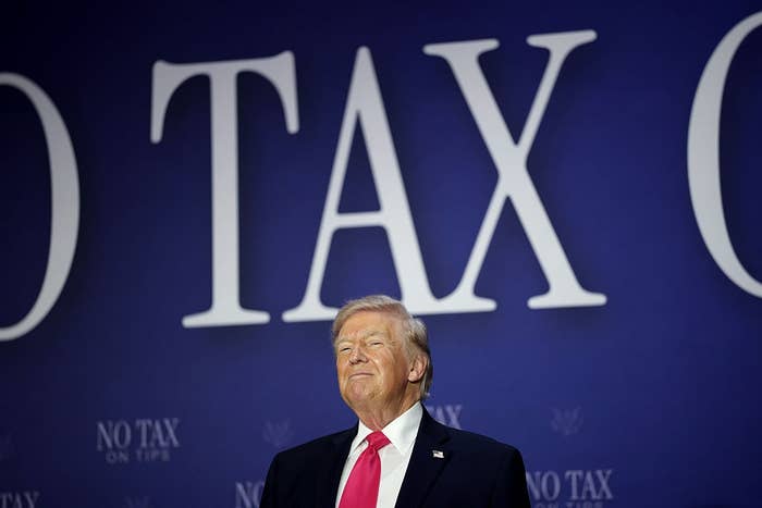 A idiosyncratic   successful  a suit   and necktie  stands earlier  a large, partially disposable   "NO TAX" sign